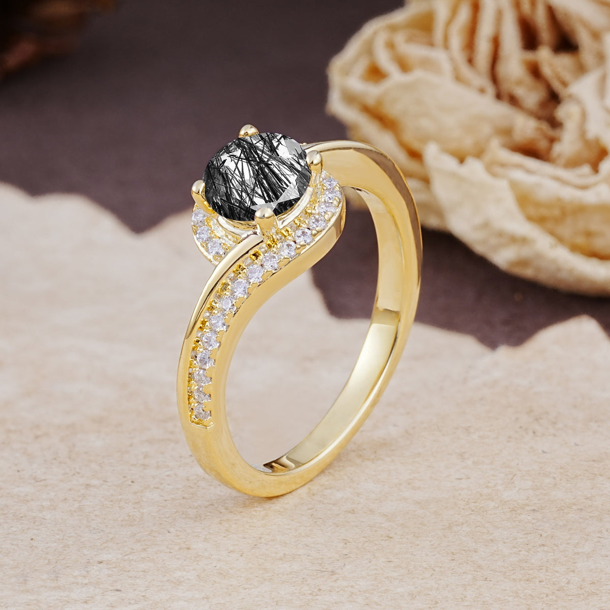 Luxurious Unique Wrapped 4 Prong Round Cut Black Rutilated Quartz Engagement Ring - Additional view