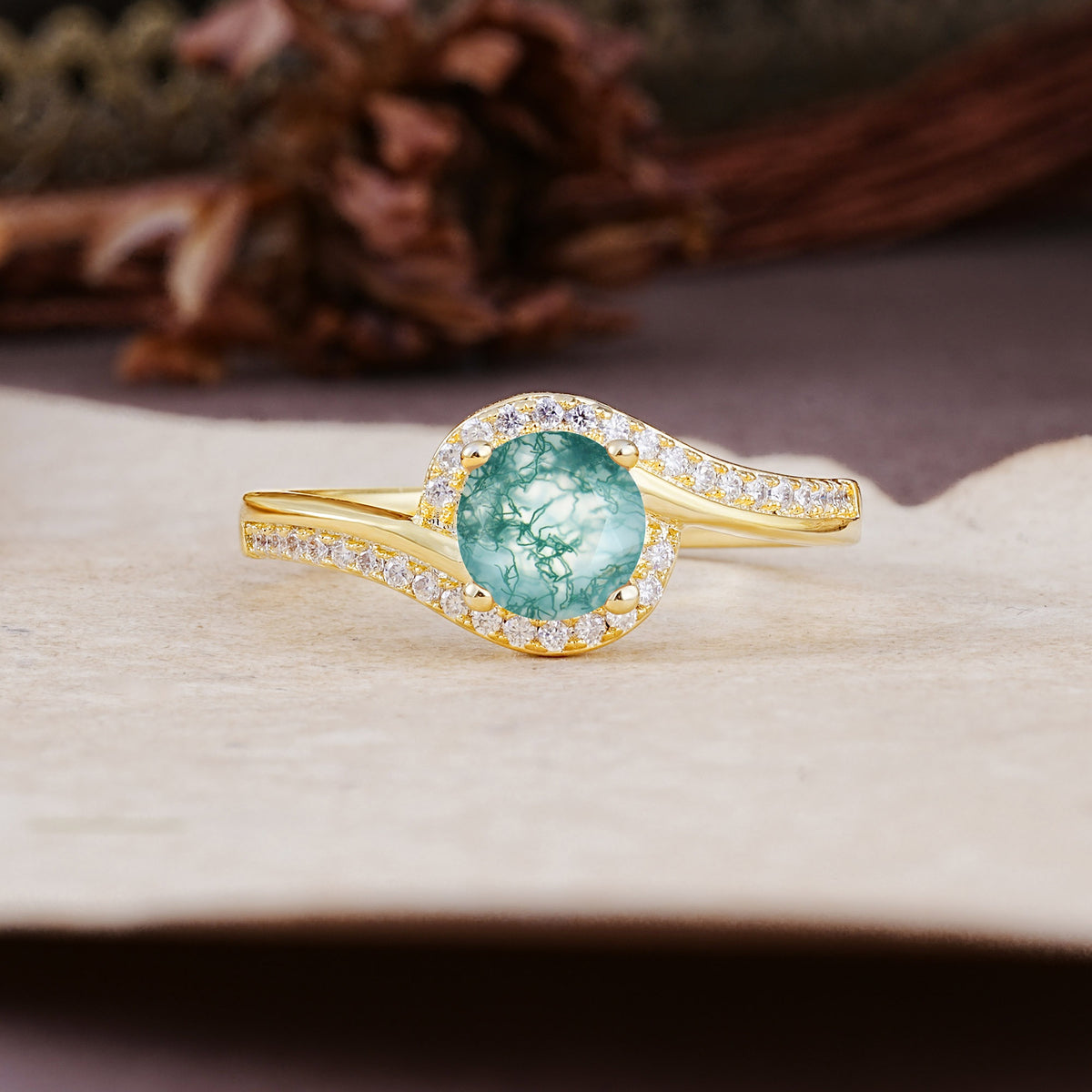 Luxurious Unique Wrapped 4 Prong Round Cut Moss Agate Engagement Ring - Additional view