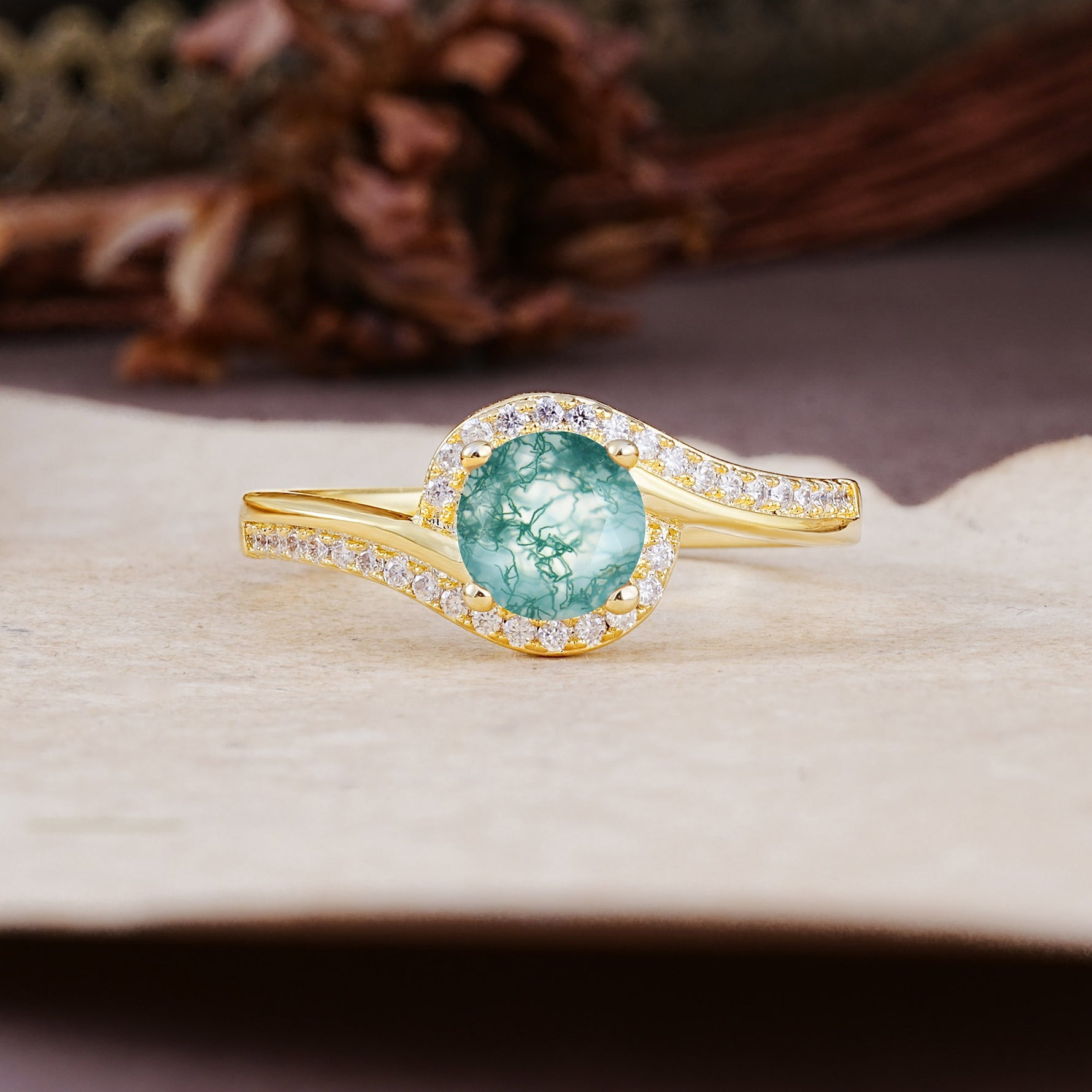 Luxurious Unique Wrapped 4 Prong Round Cut Moss Agate Engagement Ring - Additional view