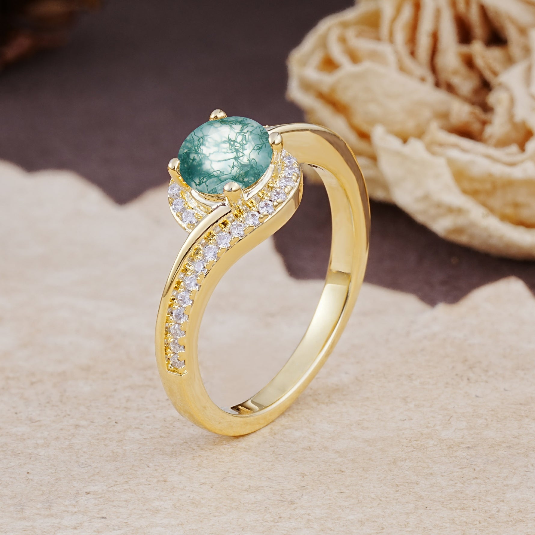 Luxurious Unique Wrapped 4 Prong Round Cut Moss Agate Engagement Ring - Additional view