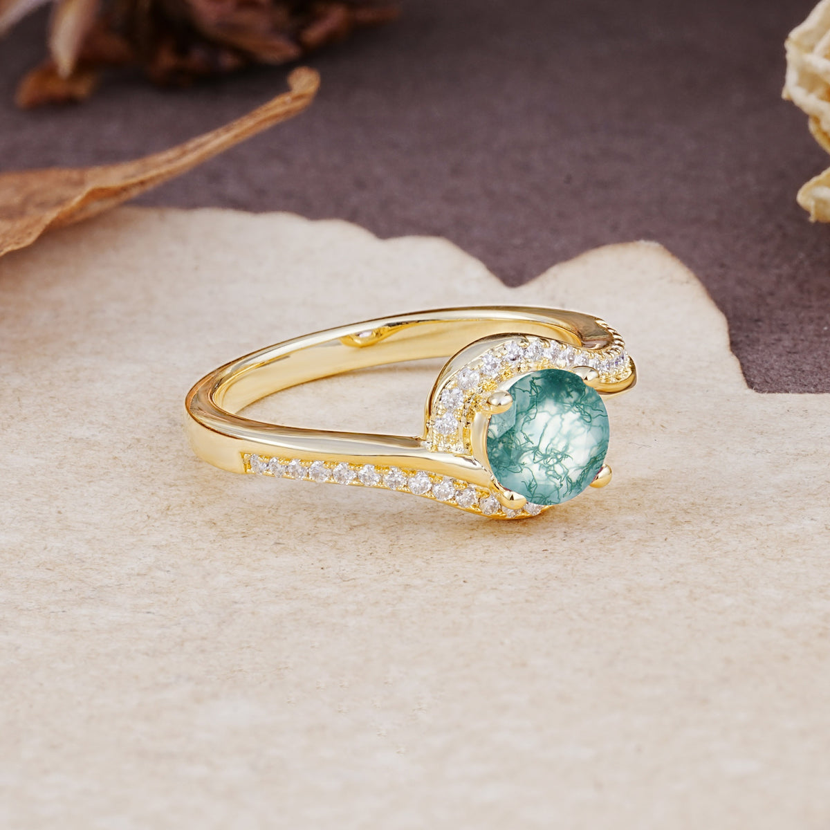 Luxurious Unique Wrapped 4 Prong Round Cut Moss Agate Engagement Ring - Additional view