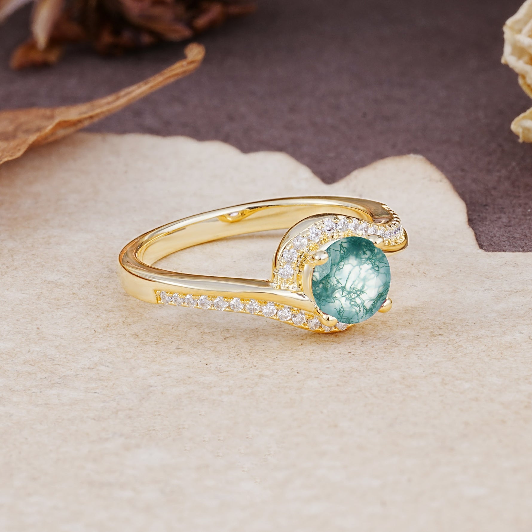 Luxurious Unique Wrapped 4 Prong Round Cut Moss Agate Engagement Ring - Additional view