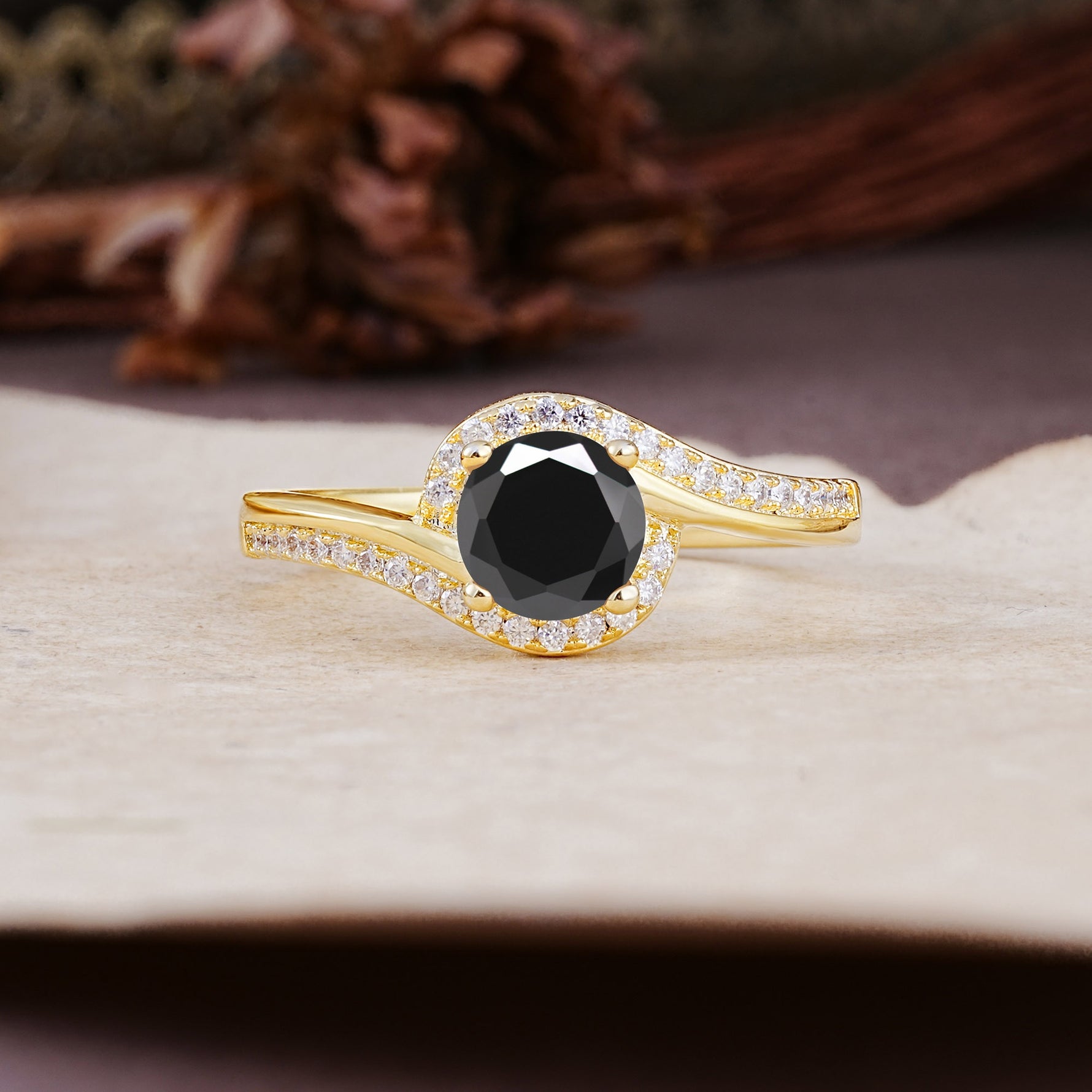 Luxurious Unique Wrapped 4 Prong Round Cut Black Onyx Engagement Ring - Additional view