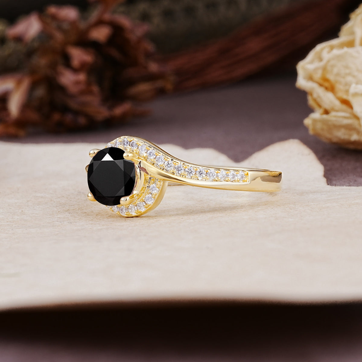 Luxurious Unique Wrapped 4 Prong Round Cut Black Onyx Engagement Ring - Additional view