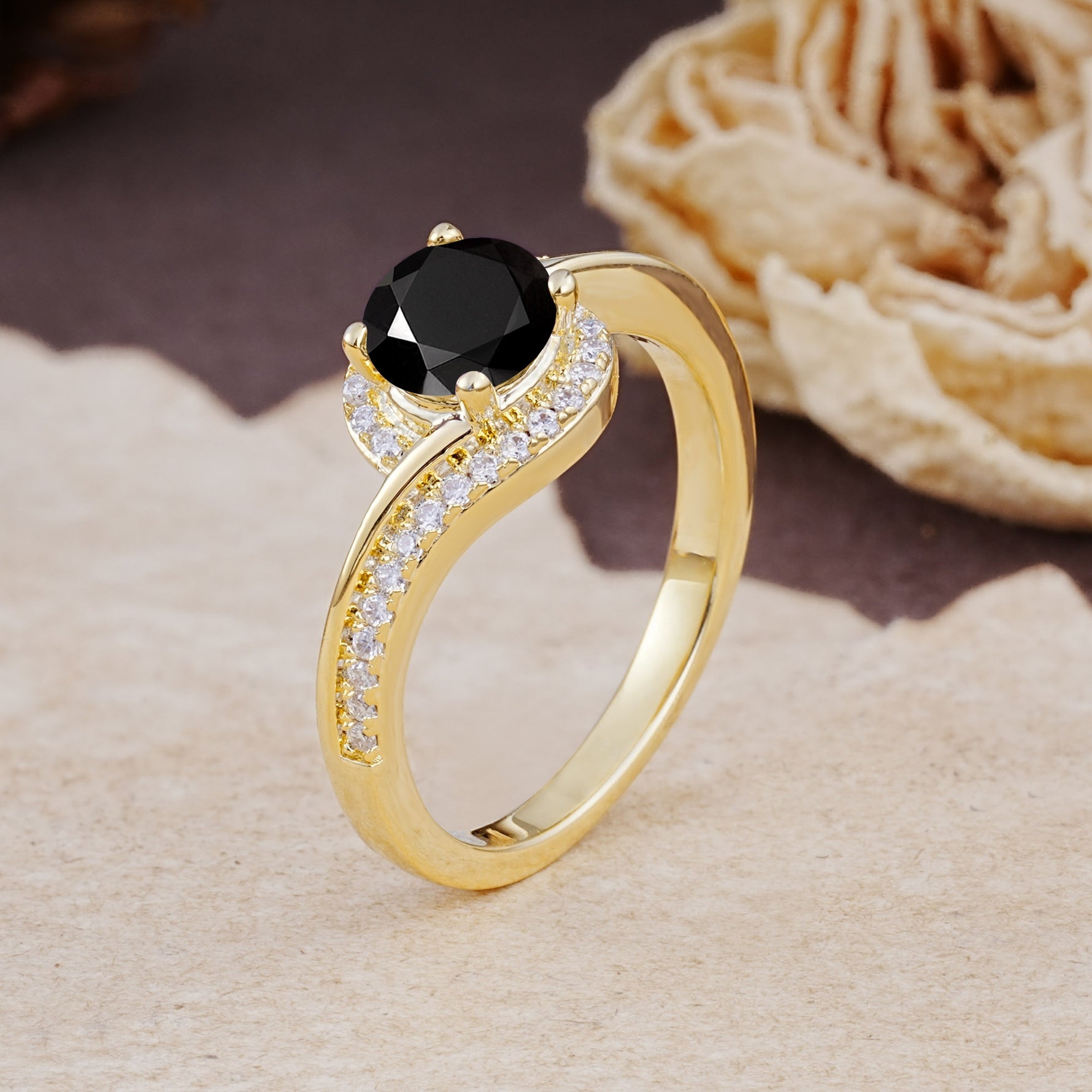 Luxurious Unique Wrapped 4 Prong Round Cut Black Onyx Engagement Ring - Additional view