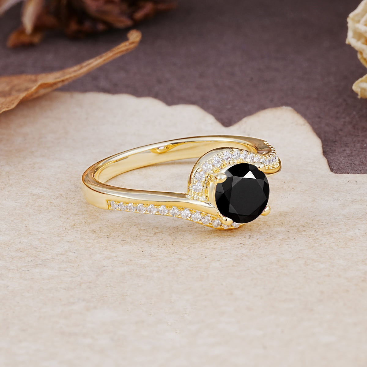 Luxurious Unique Wrapped 4 Prong Round Cut Black Onyx Engagement Ring - Additional view