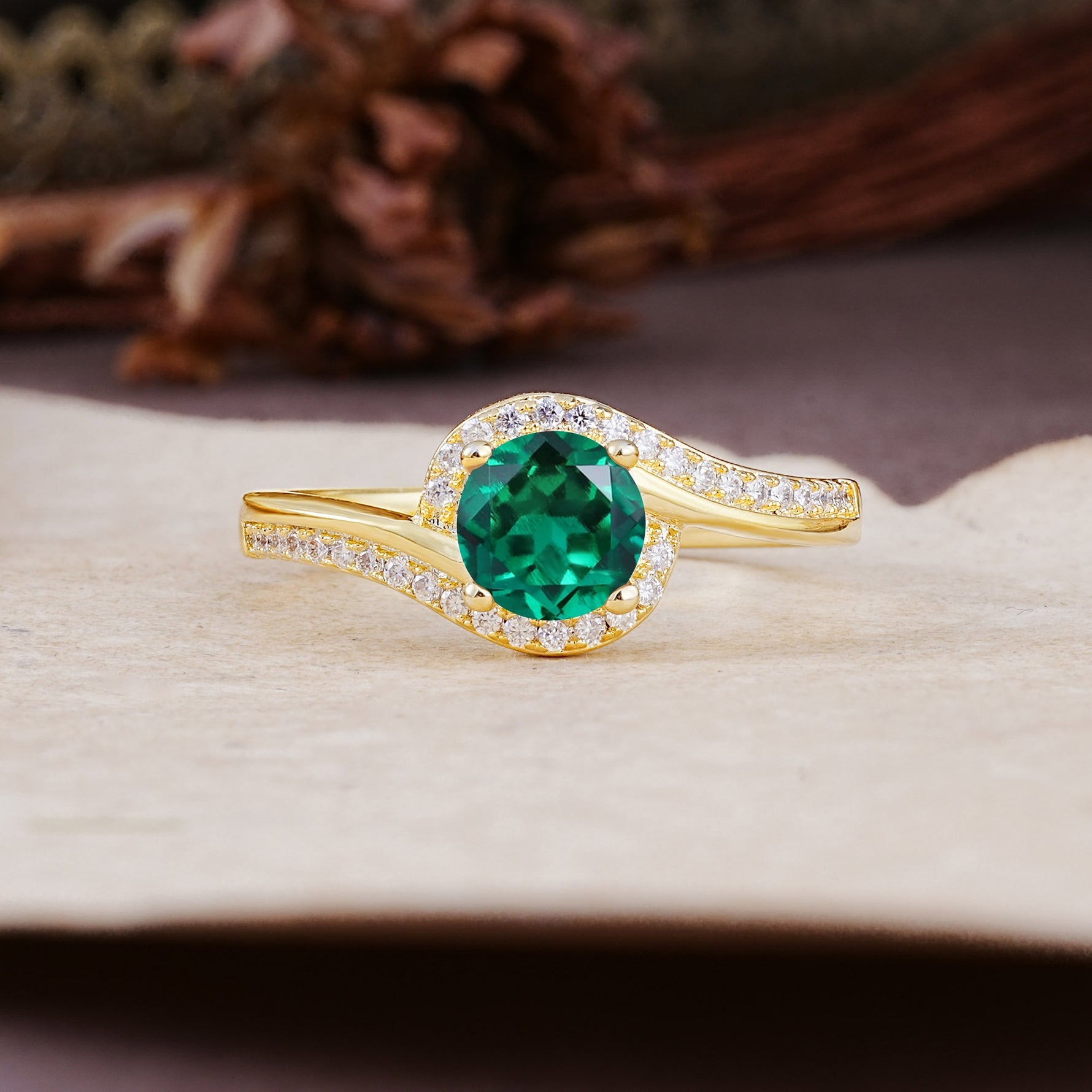 Luxurious Unique Wrapped 4 Prong Round Cut Emerald Engagement Ring - Additional view