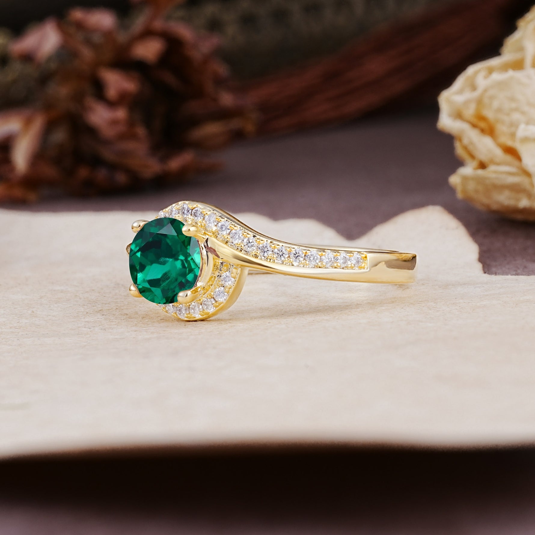 Luxurious Unique Wrapped 4 Prong Round Cut Emerald Engagement Ring - Additional view
