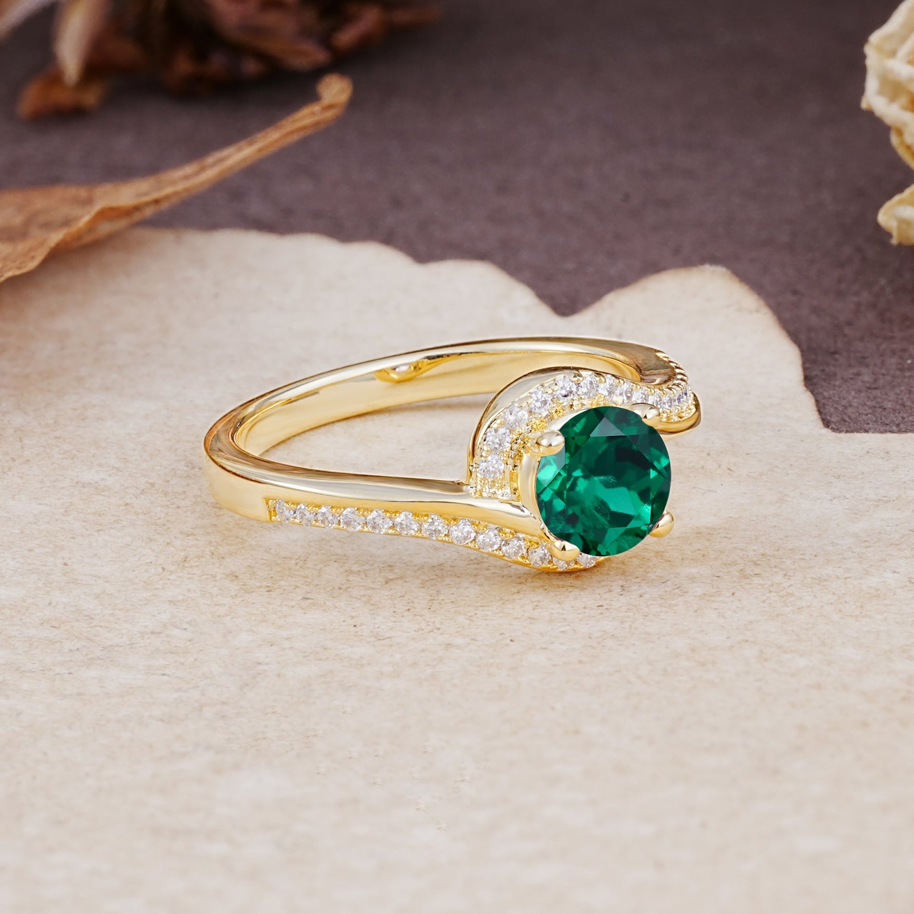 Luxurious Unique Wrapped 4 Prong Round Cut Emerald Engagement Ring - Additional view