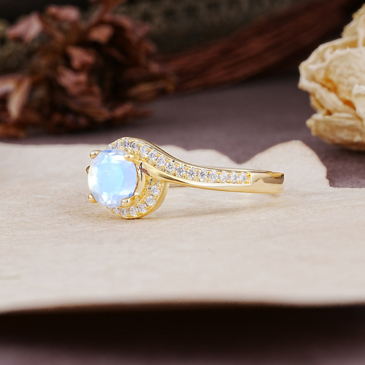 Luxurious Unique Wrapped 4 Prong Round Cut Moonstone Engagement Ring - Additional view