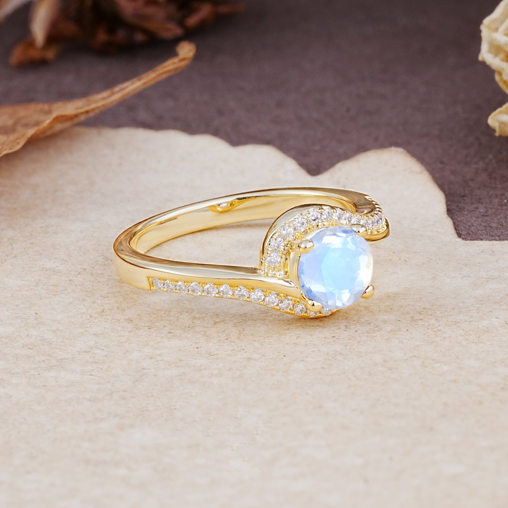 Luxurious Unique Wrapped 4 Prong Round Cut Moonstone Engagement Ring - Additional view