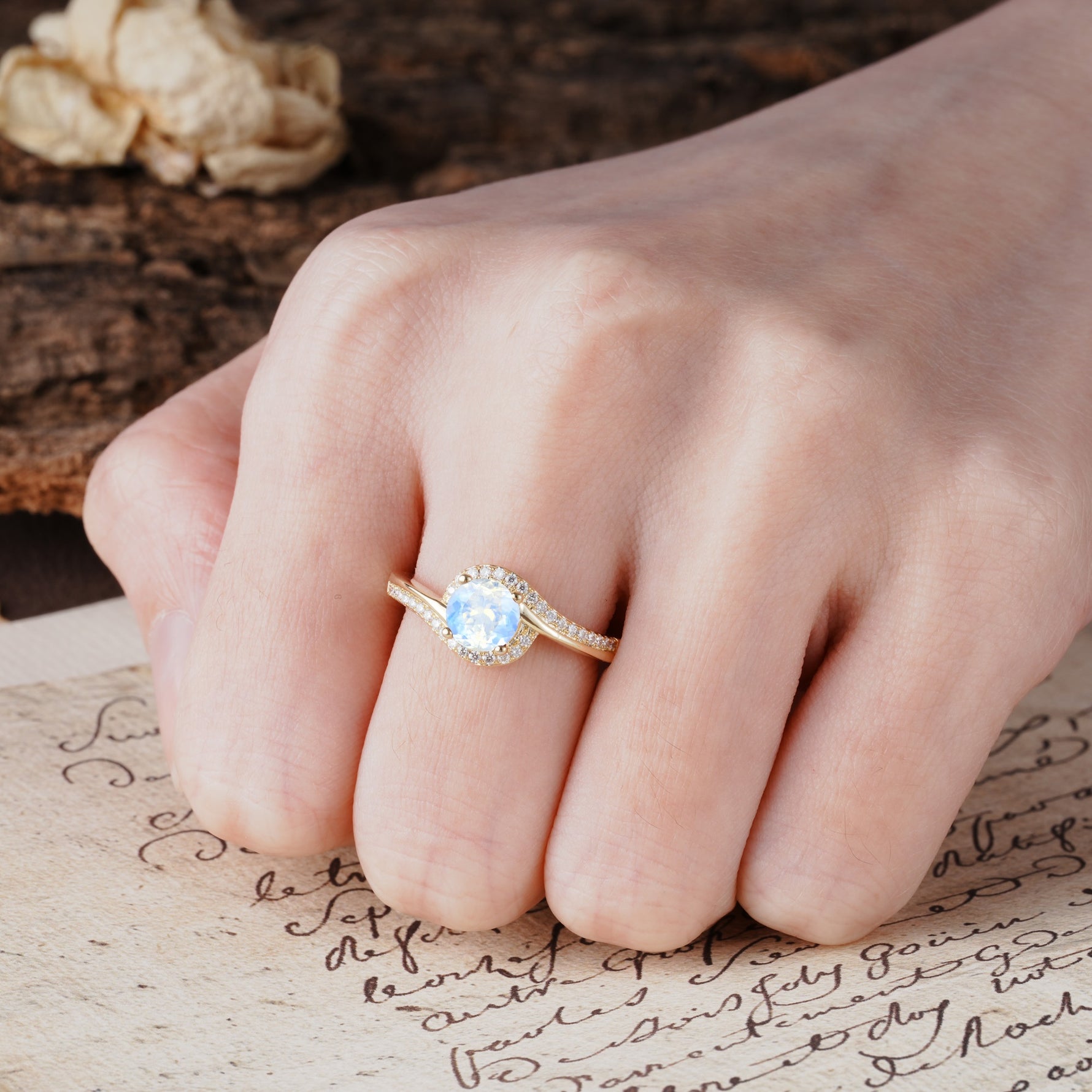 Luxurious Unique Wrapped 4 Prong Round Cut Moonstone Engagement Ring - Additional view