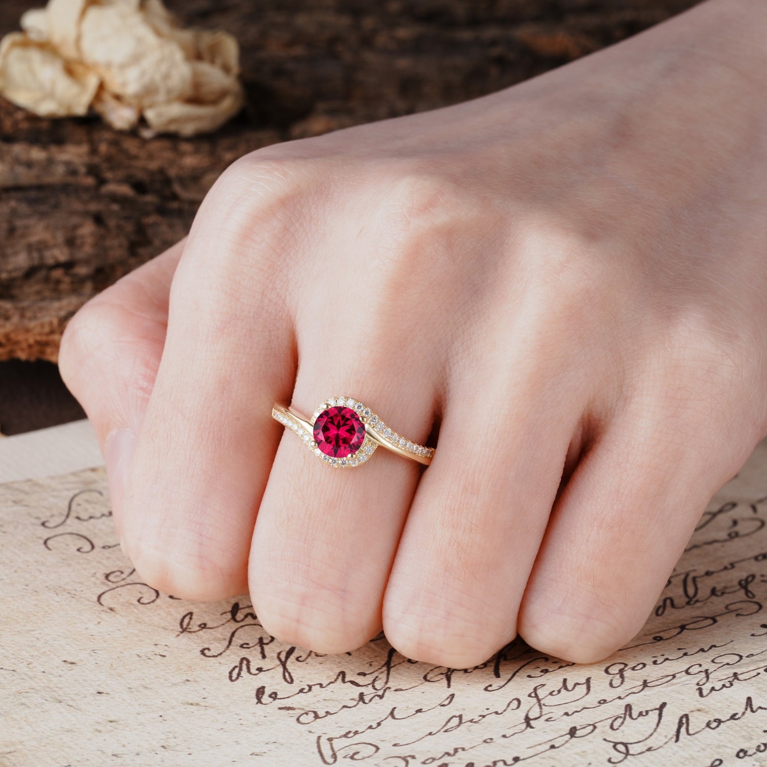 Luxurious Unique Wrapped 4 Prong Round Cut Ruby Engagement Ring - Additional view