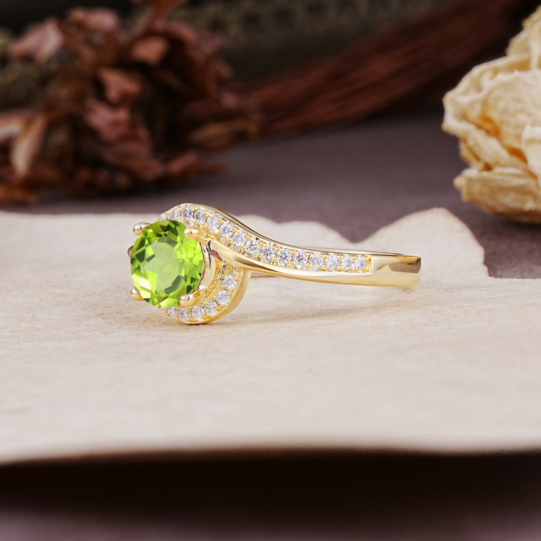 Luxurious Unique Wrapped 4 Prong Round Cut Peridot Engagement Ring - Additional view
