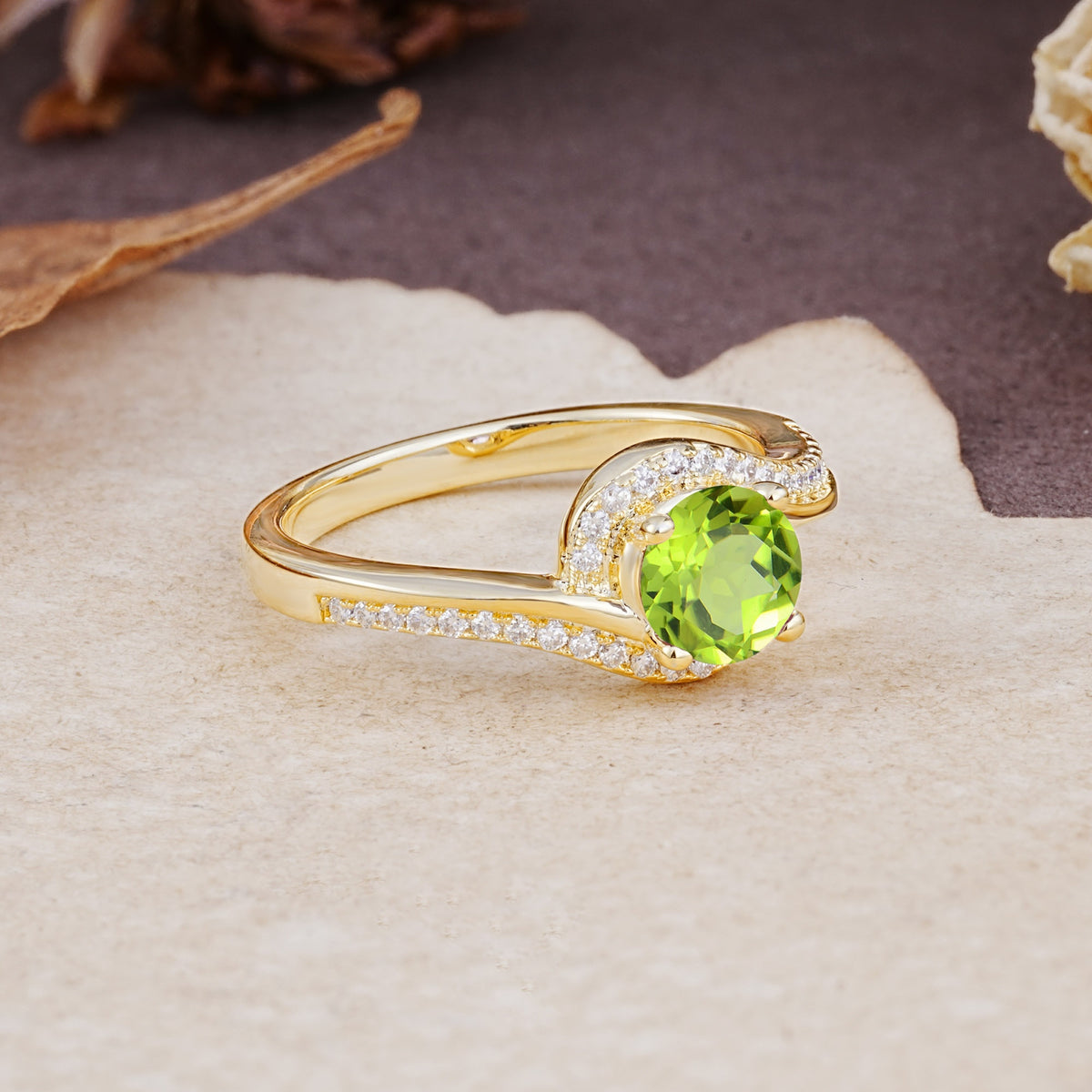 Luxurious Unique Wrapped 4 Prong Round Cut Peridot Engagement Ring - Additional view