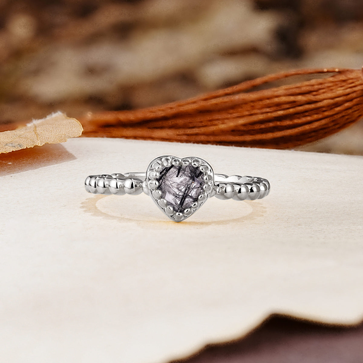 Classic Unique Heart Cut Black Rutilated Quartz Engagement Ring - Additional view