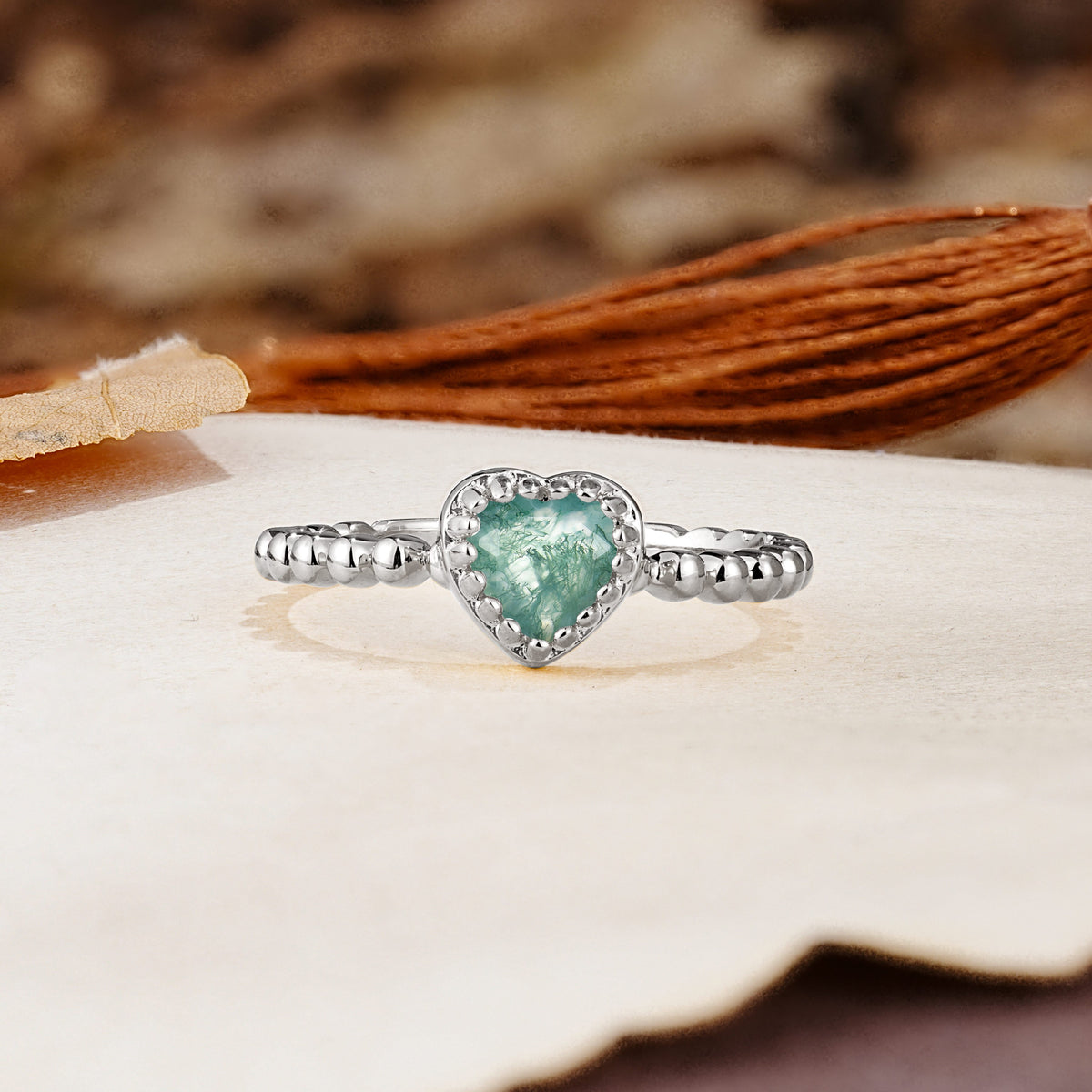 Classic Unique Heart Cut Moss Agate Engagement Ring - Additional view