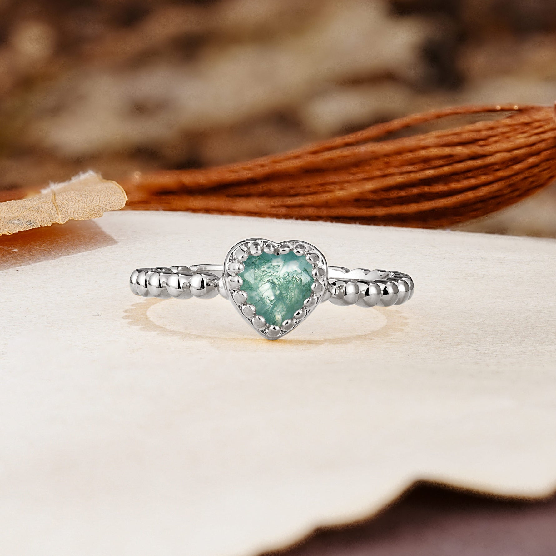 Classic Unique Heart Cut Moss Agate Engagement Ring - Additional view