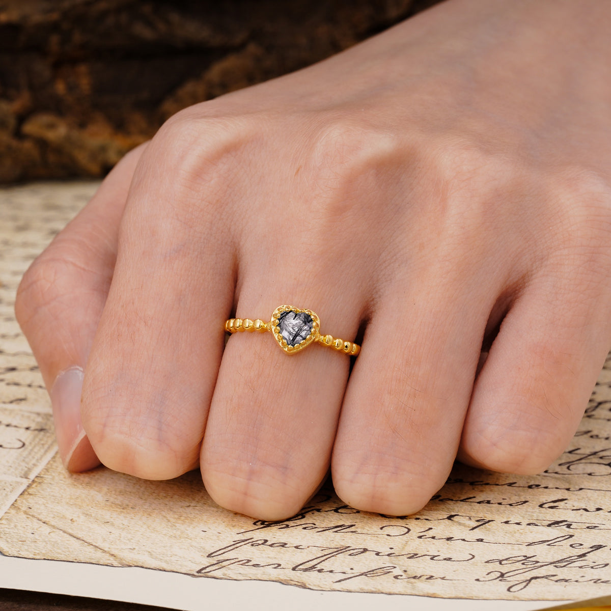 Classic Unique Heart Cut Black Rutilated Quartz Engagement Ring - Additional view