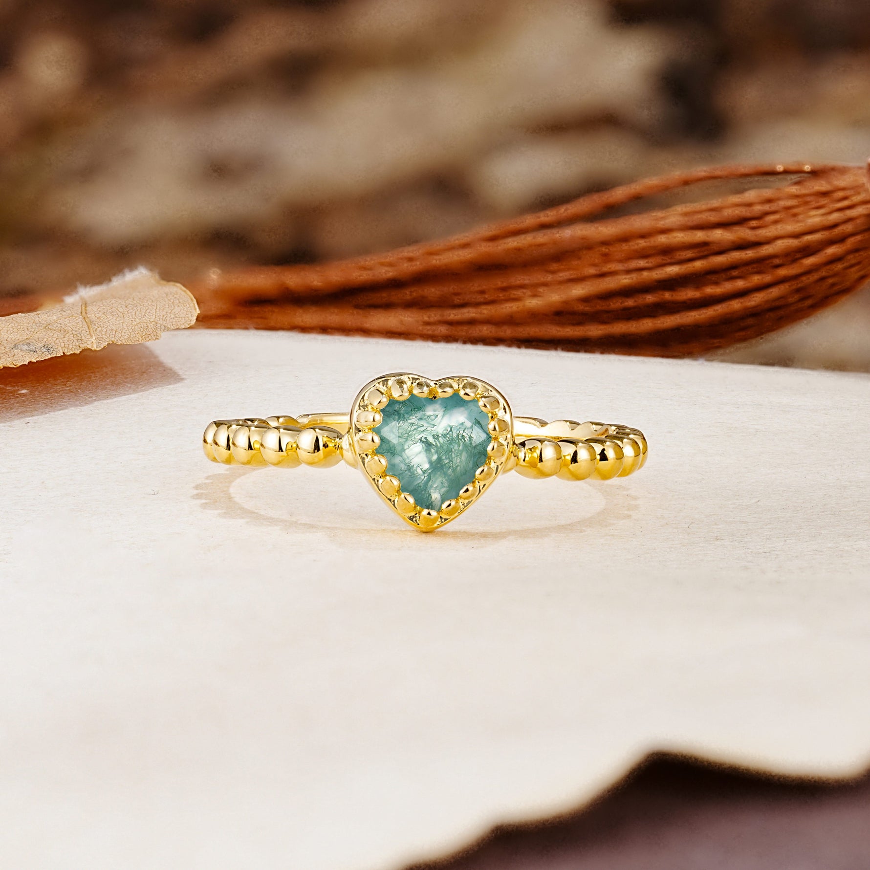 Classic Unique Heart Cut Moss Agate Engagement Ring - Additional view