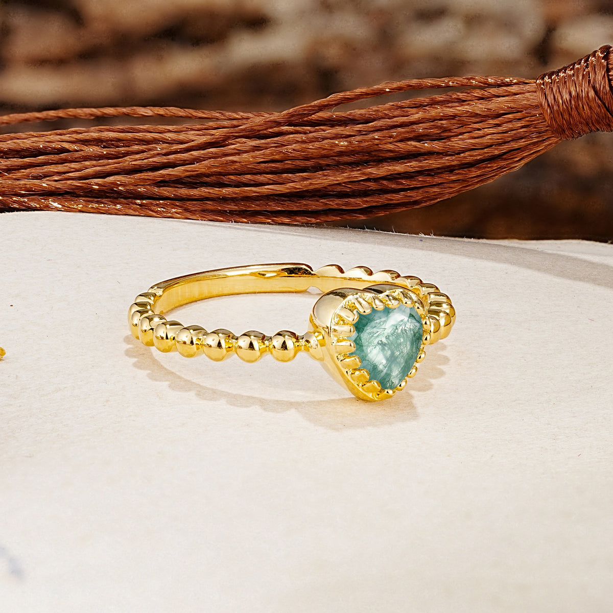 Classic Unique Heart Cut Moss Agate Engagement Ring - Additional view