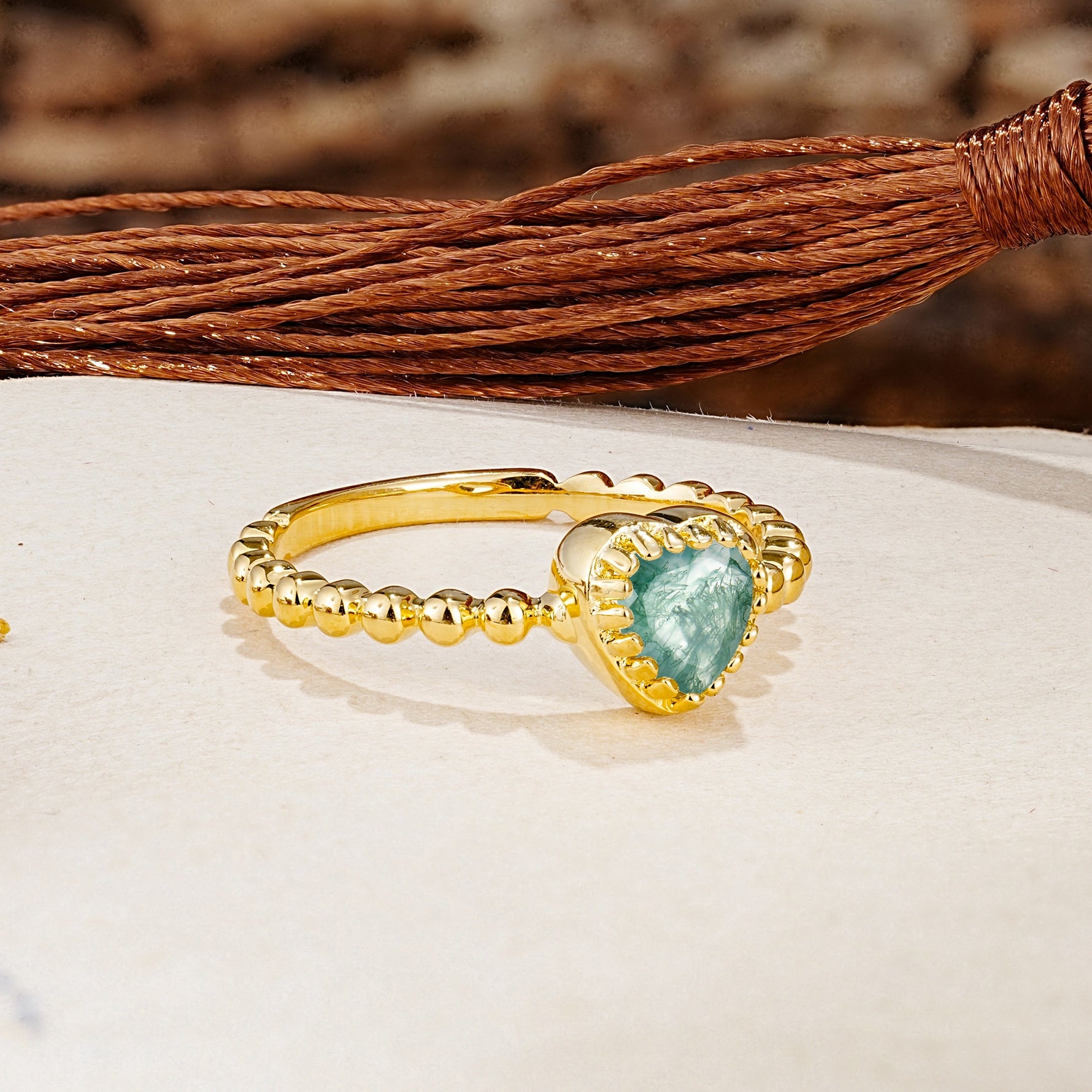 Classic Unique Heart Cut Moss Agate Engagement Ring - Additional view