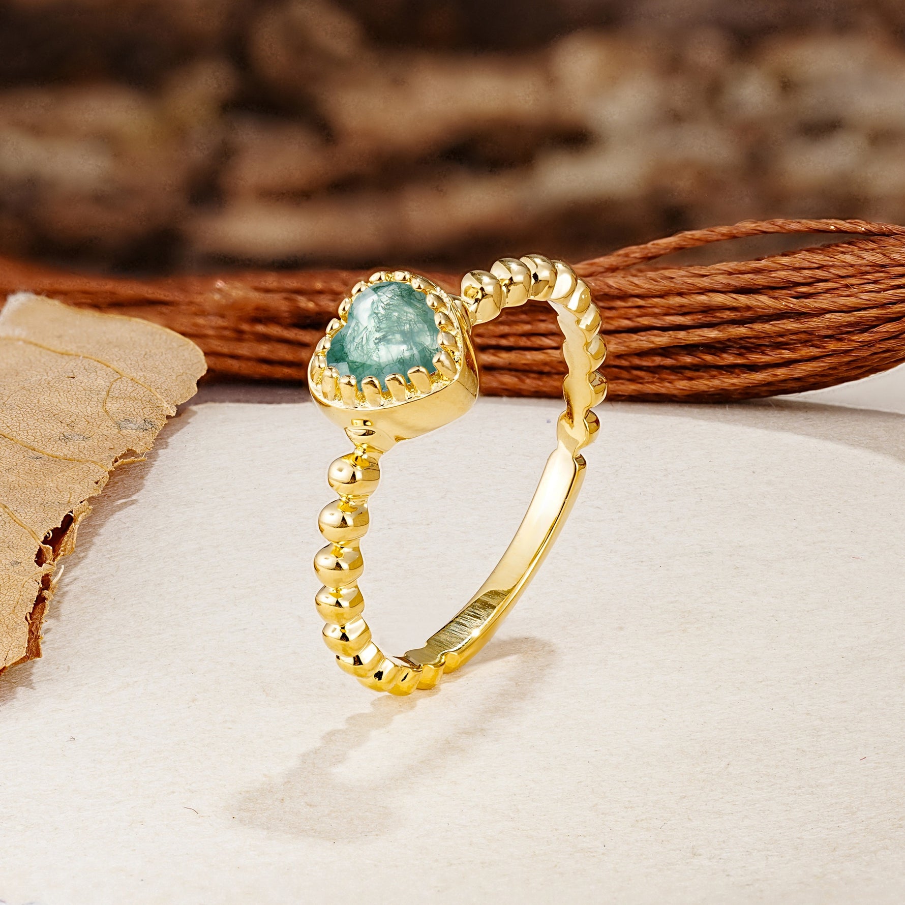 Classic Unique Heart Cut Moss Agate Engagement Ring - Additional view