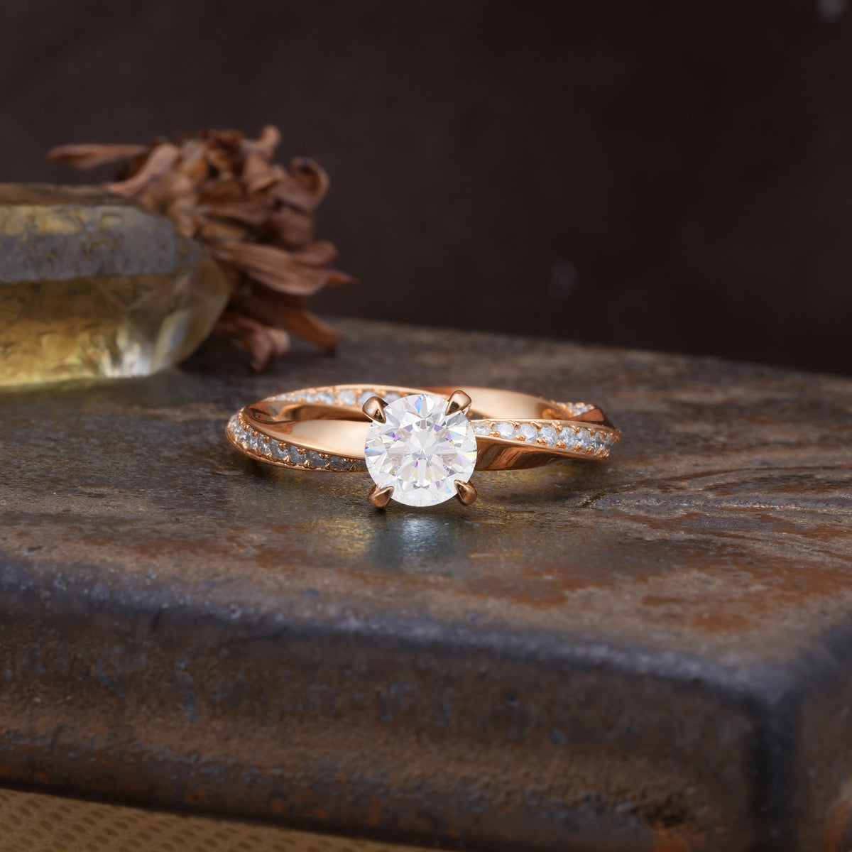 Unique Twisted Ring With 4 Prong Round Cut Moissanite Engagement Ring - Additional view