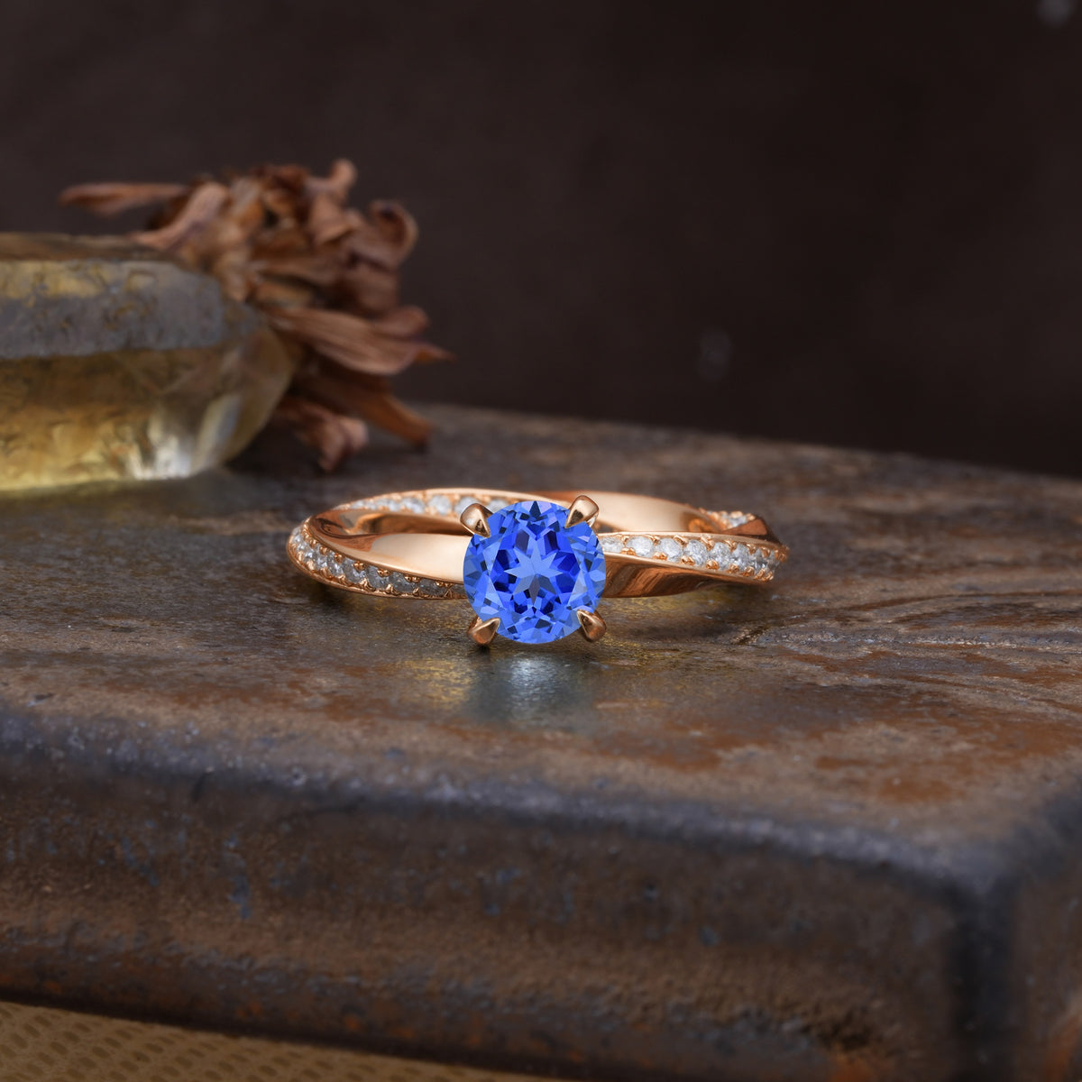 Unique Twisted Ring With 4 Prong Round Cut Sapphire Engagement Ring - Additional view