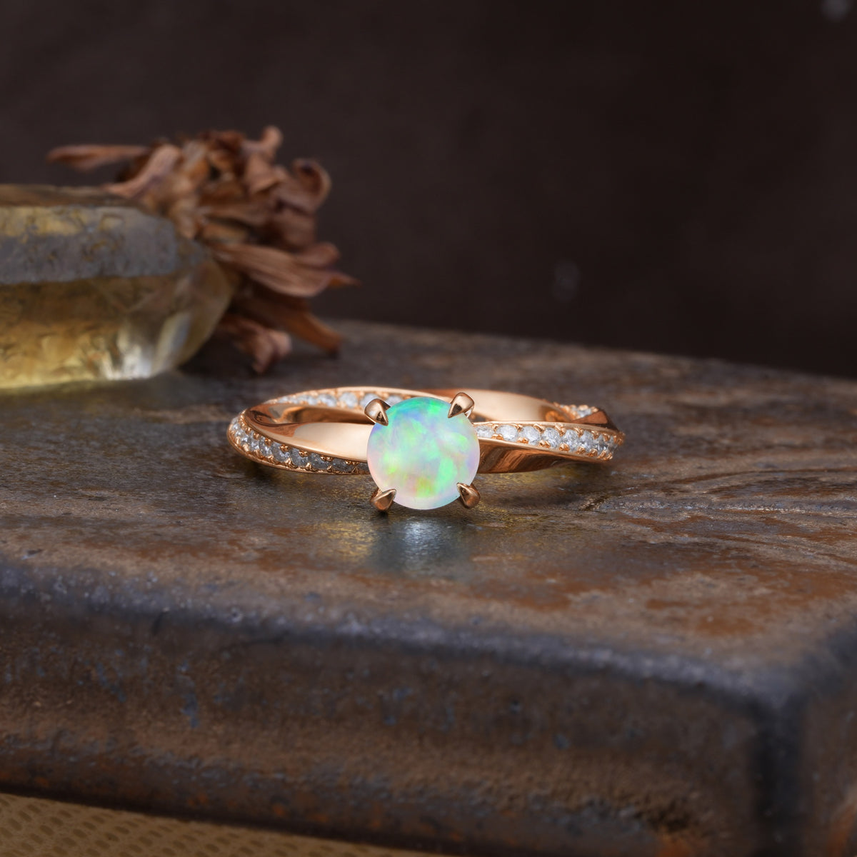 Unique Twisted Ring With 4 Prong Round Cut Fire Opal Engagement Ring - Additional view