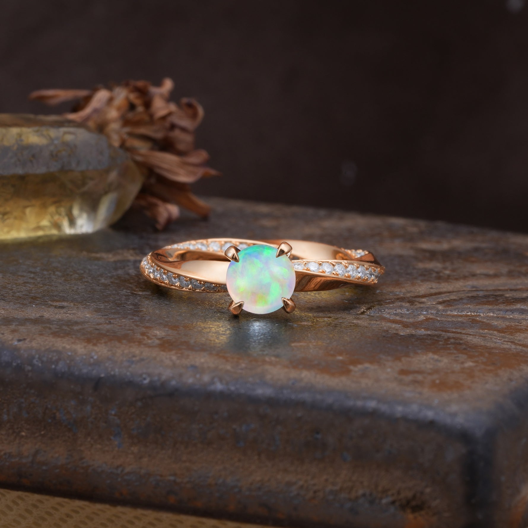 Unique Twisted Ring With 4 Prong Round Cut Fire Opal Engagement Ring - Additional view