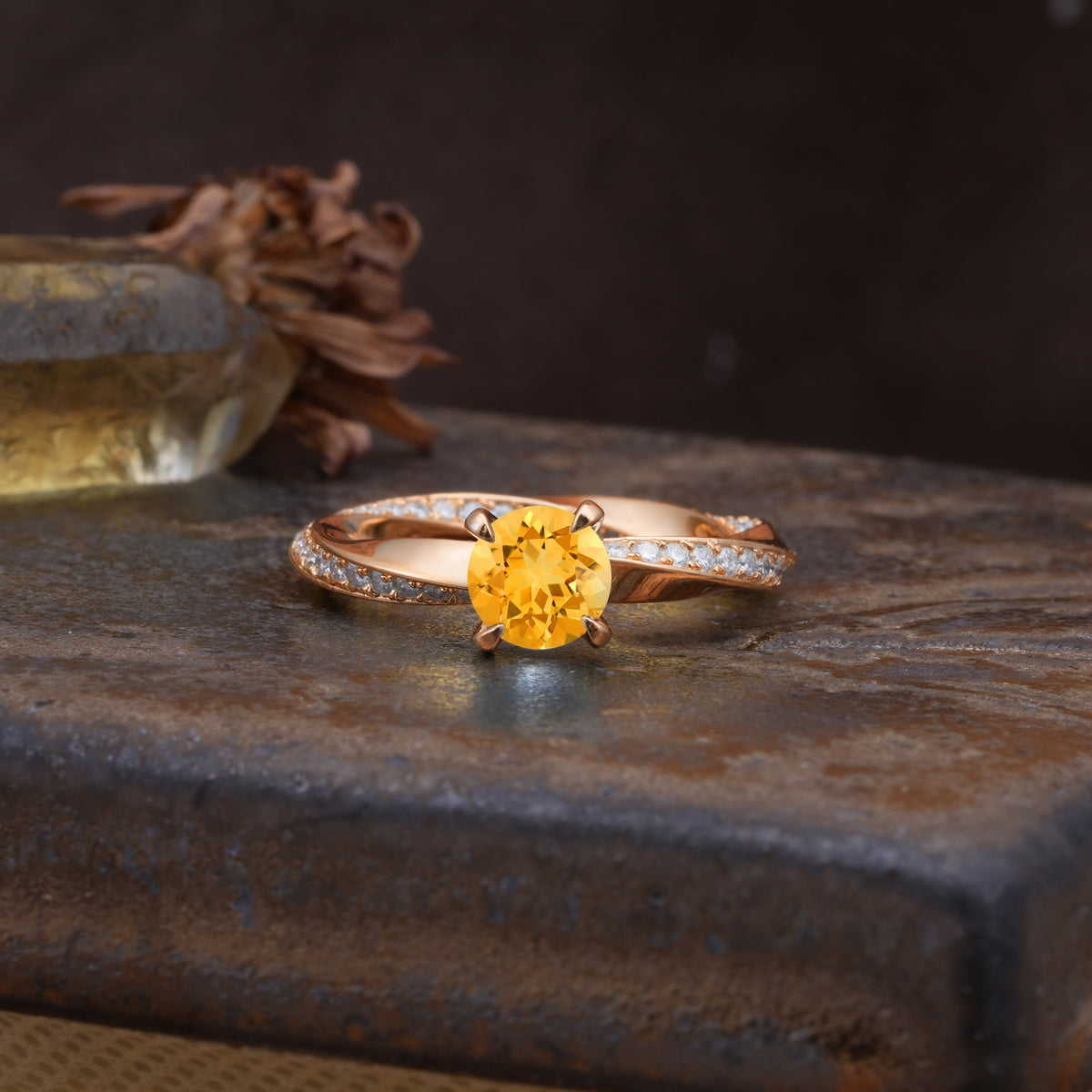 Unique Twisted Ring With 4 Prong Round Cut Citrine Engagement Ring - Additional view