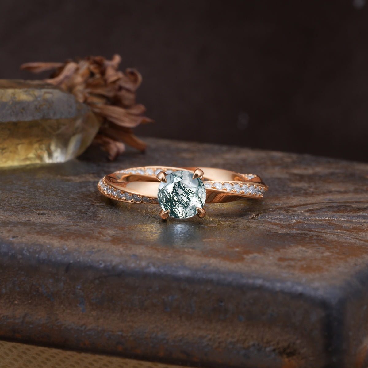 Unique Twisted Ring With 4 Prong Round Cut Moss Agate Engagement Ring - Additional view