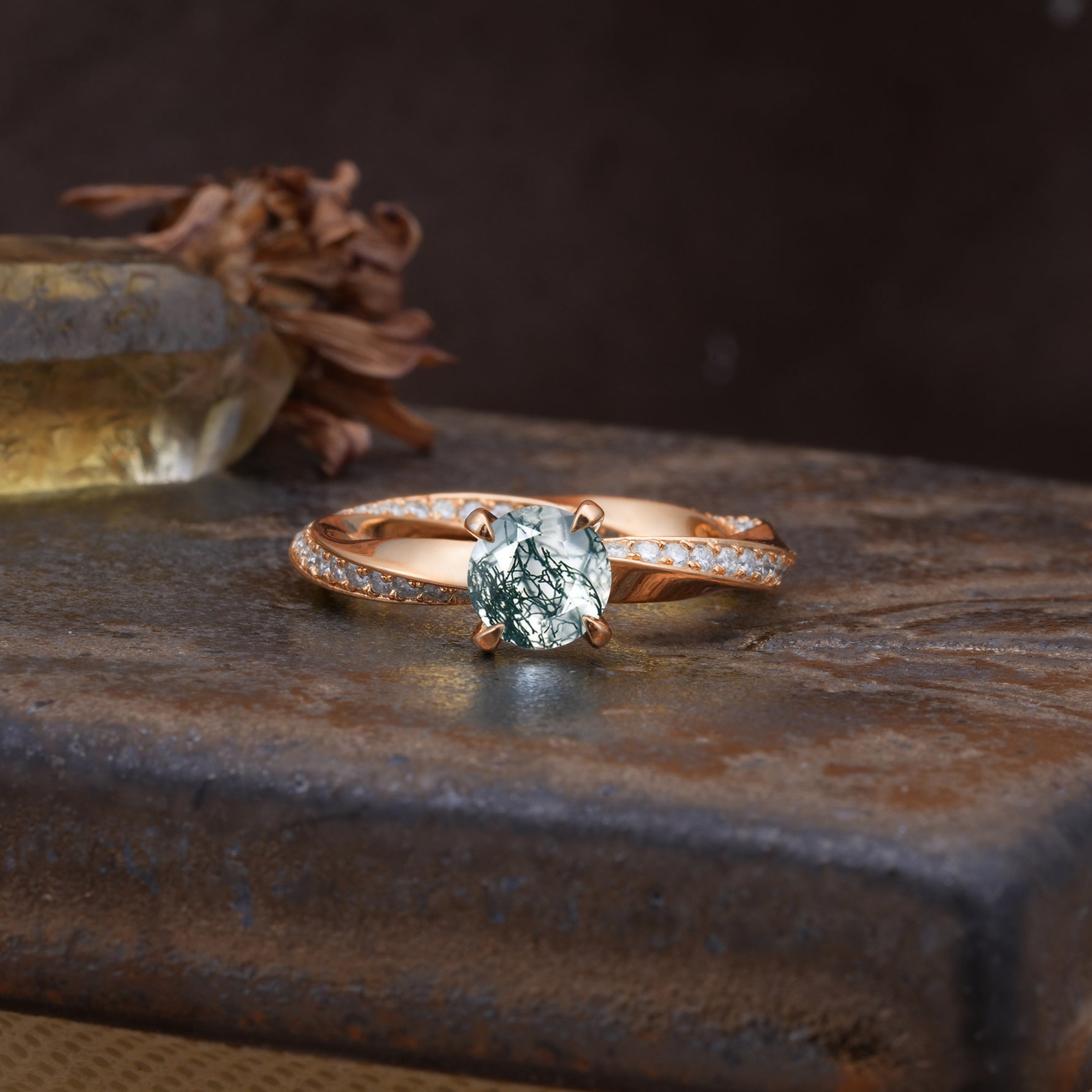Unique Twisted Ring With 4 Prong Round Cut Moss Agate Engagement Ring - Additional view