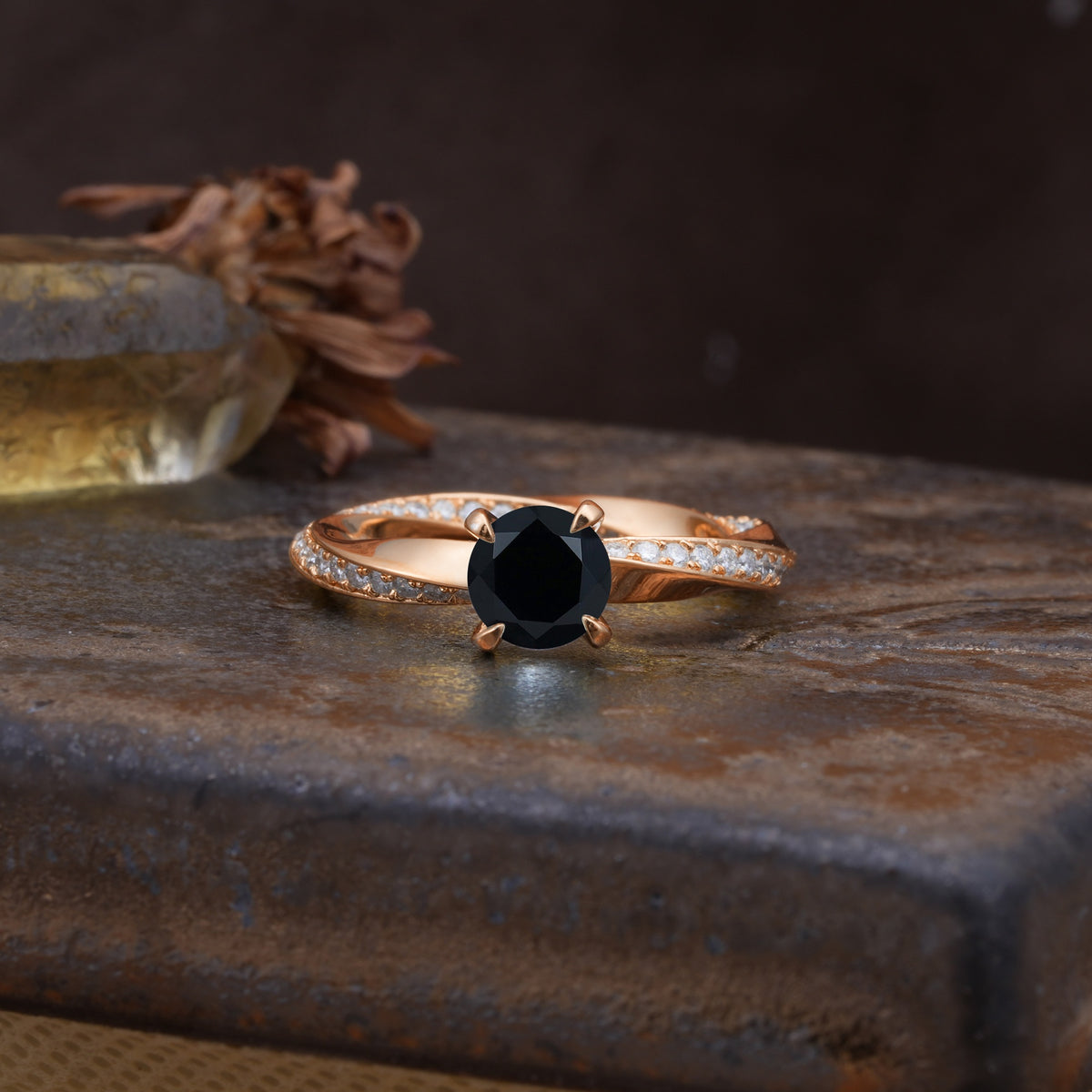 Unique Twisted Ring With 4 Prong Round Cut Black Onyx Engagement Ring - Additional view