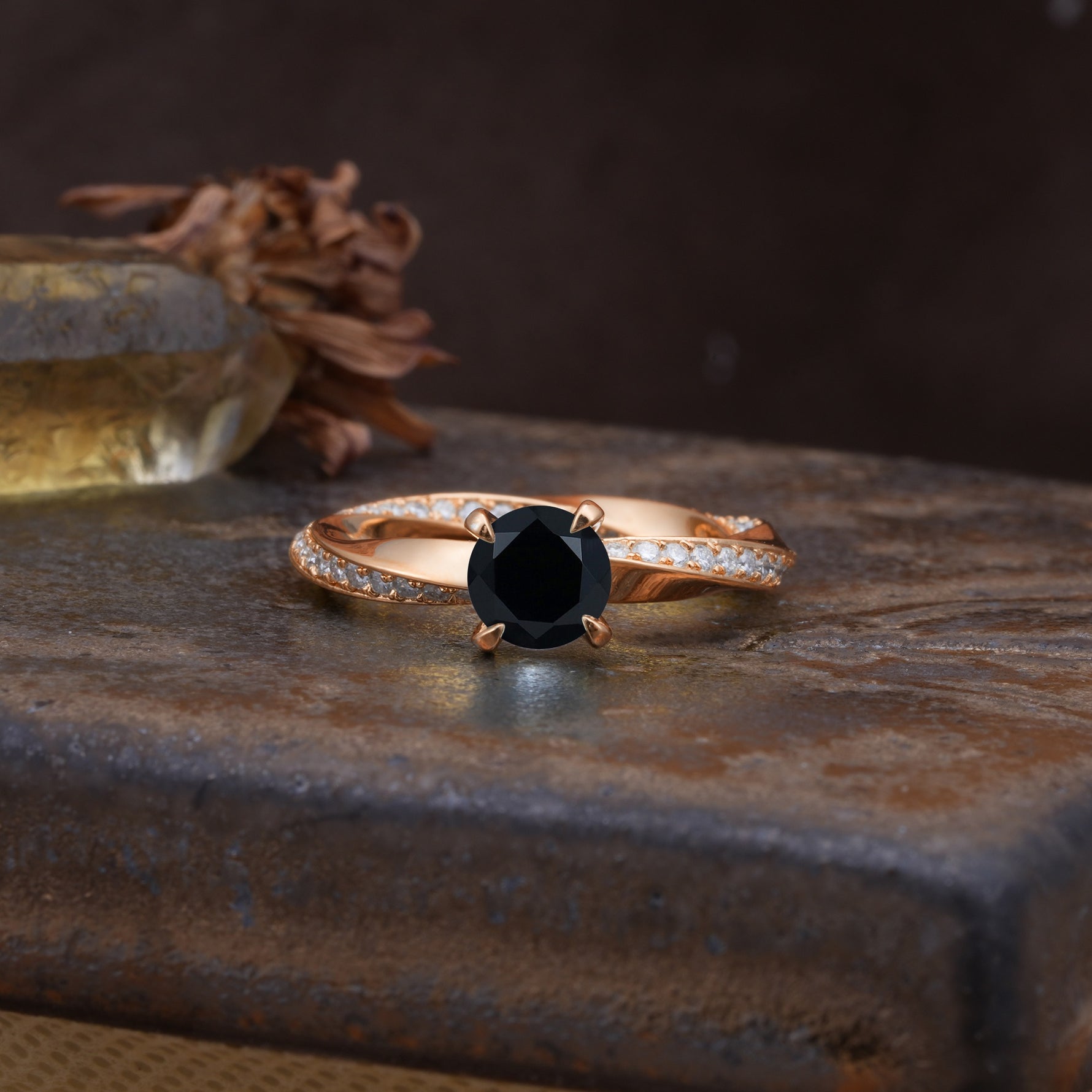 Unique Twisted Ring With 4 Prong Round Cut Black Onyx Engagement Ring - Additional view