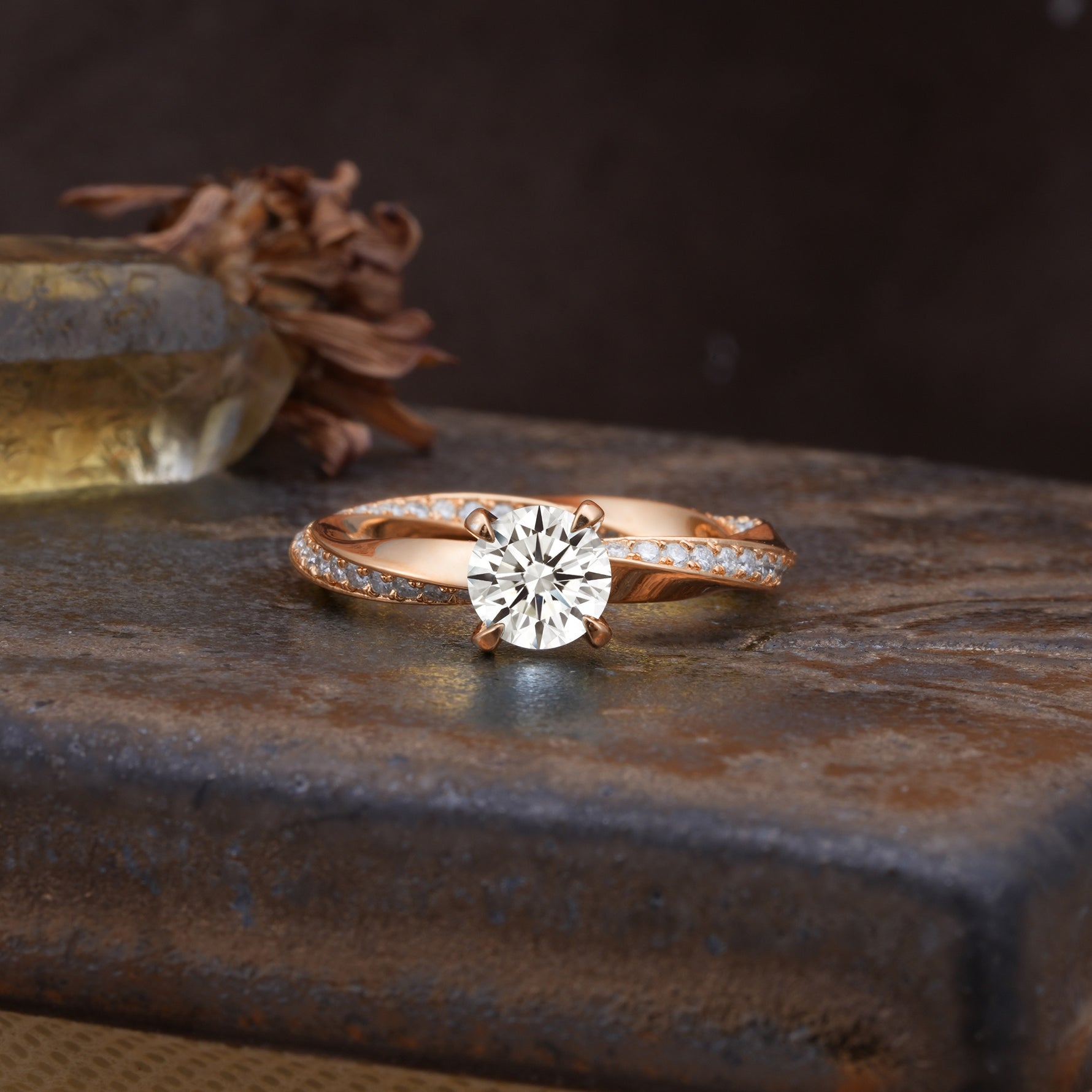 Unique Twisted Ring With 4 Prong Round Cut Lab Diamond Engagement Ring - Additional view