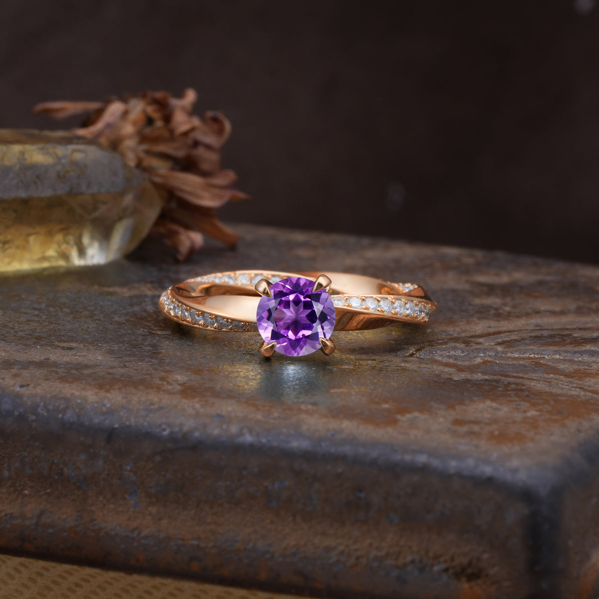 Unique Twisted Ring With 4 Prong Round Cut Amethyst Engagement Ring - Additional view