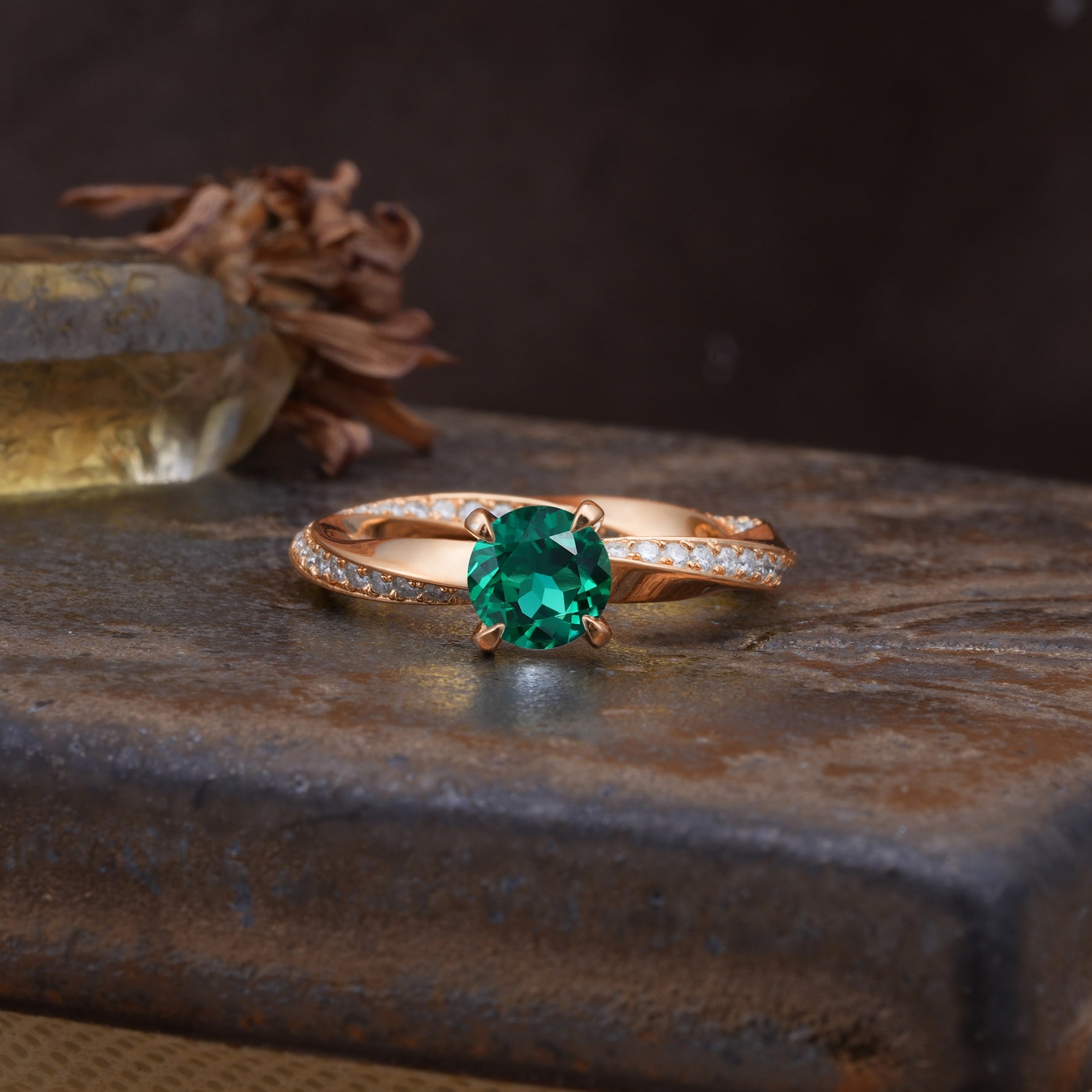 Unique Twisted Ring With 4 Prong Round Cut Emerald Engagement Ring - Additional view