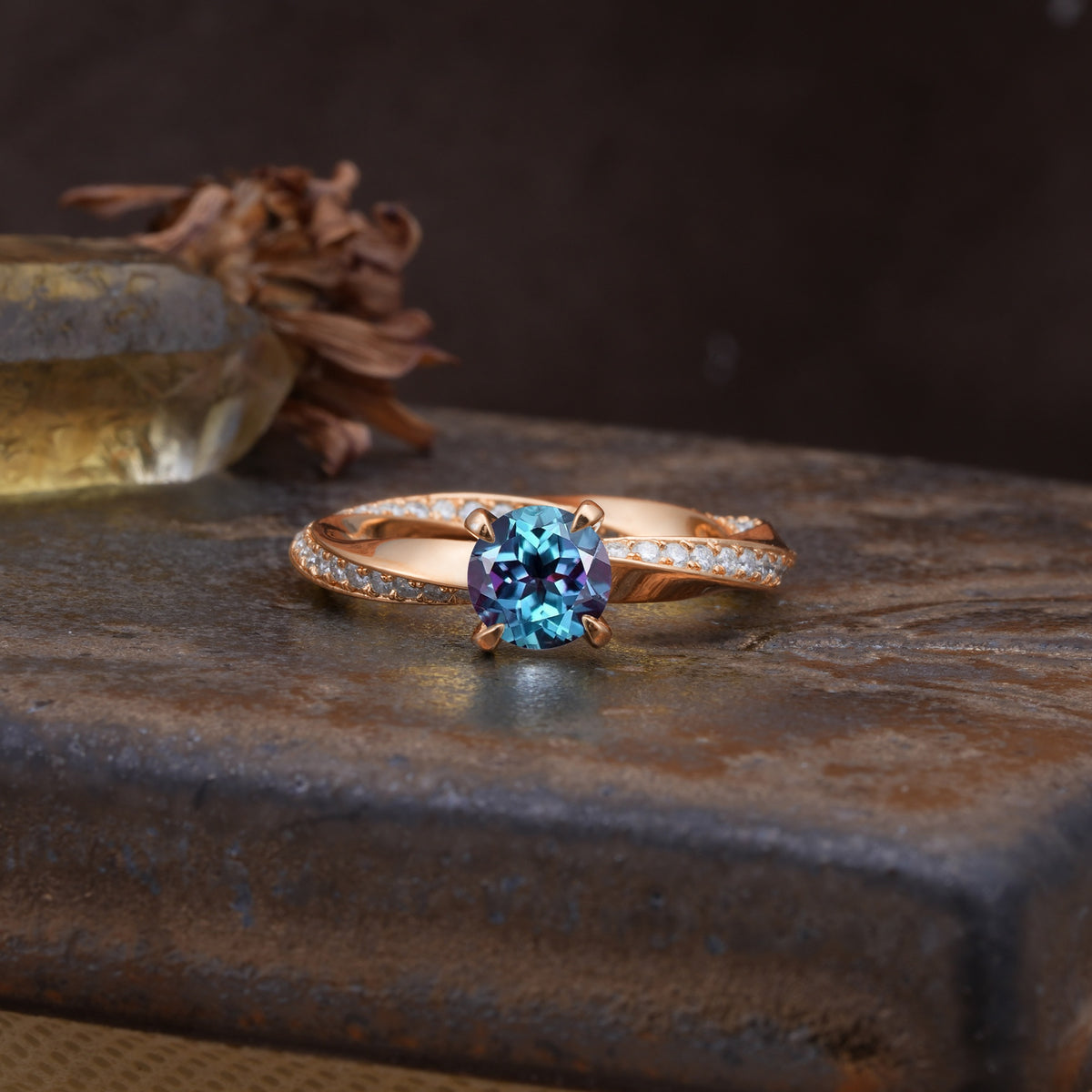 Unique Twisted Ring With 4 Prong Round Cut Alexandrite Engagement Ring - Additional view