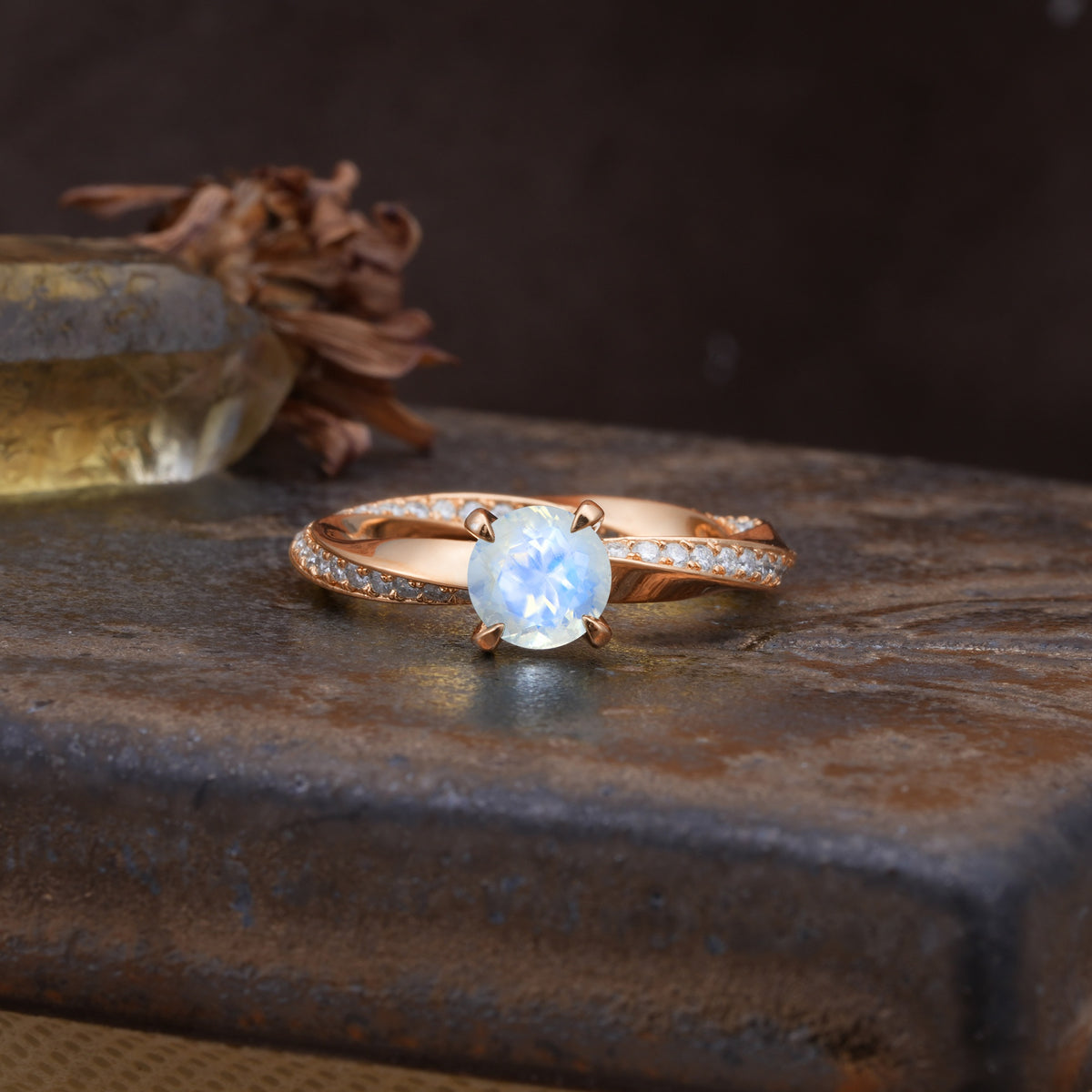 Unique Twisted Ring With 4 Prong Round Cut Moonstone Engagement Ring - Additional view