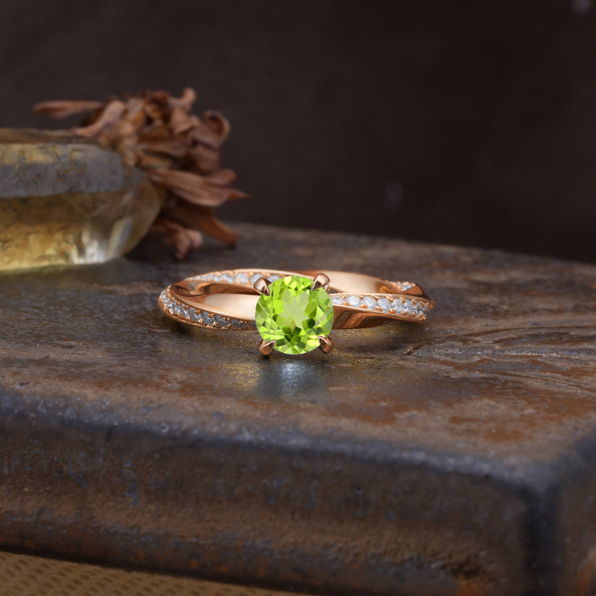 Unique Twisted Ring With 4 Prong Round Cut Peridot Engagement Ring - Additional view