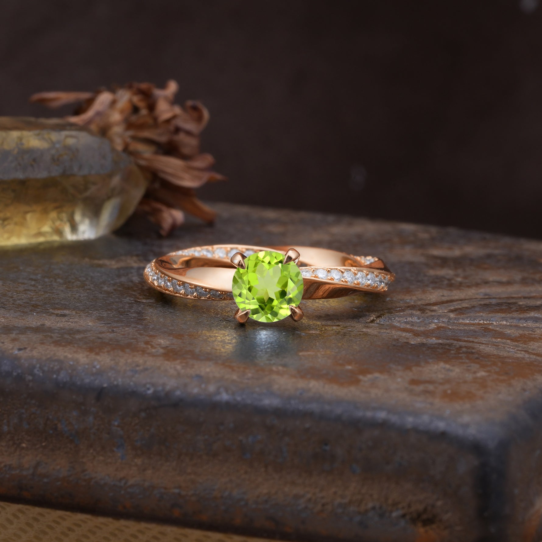 Unique Twisted Ring With 4 Prong Round Cut Peridot Engagement Ring - Additional view