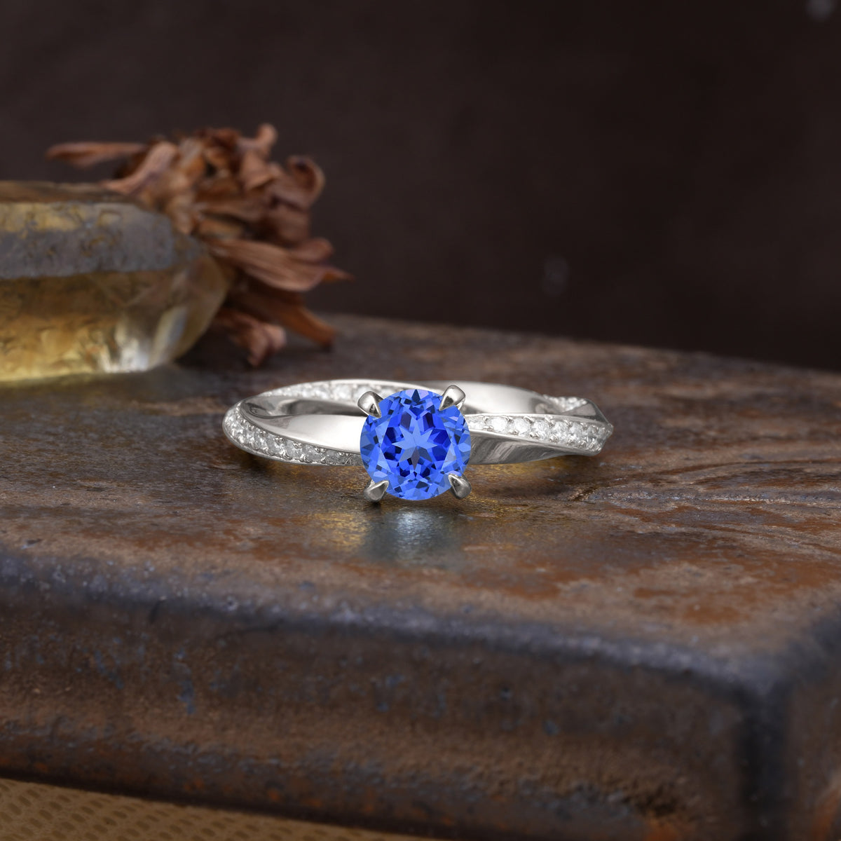 Unique Twisted Ring With 4 Prong Round Cut Sapphire Engagement Ring - Additional view