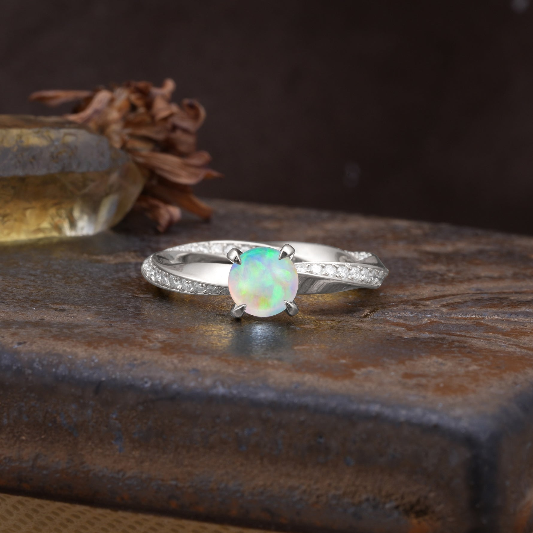 Unique Twisted Ring With 4 Prong Round Cut Fire Opal Engagement Ring - Additional view