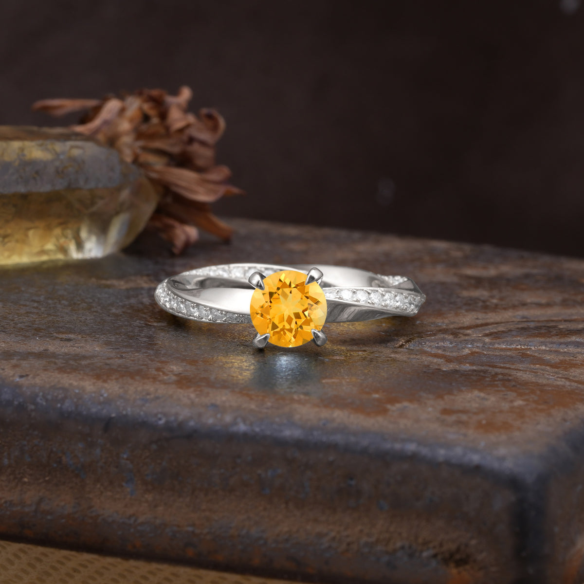 Unique Twisted Ring With 4 Prong Round Cut Citrine Engagement Ring - Additional view