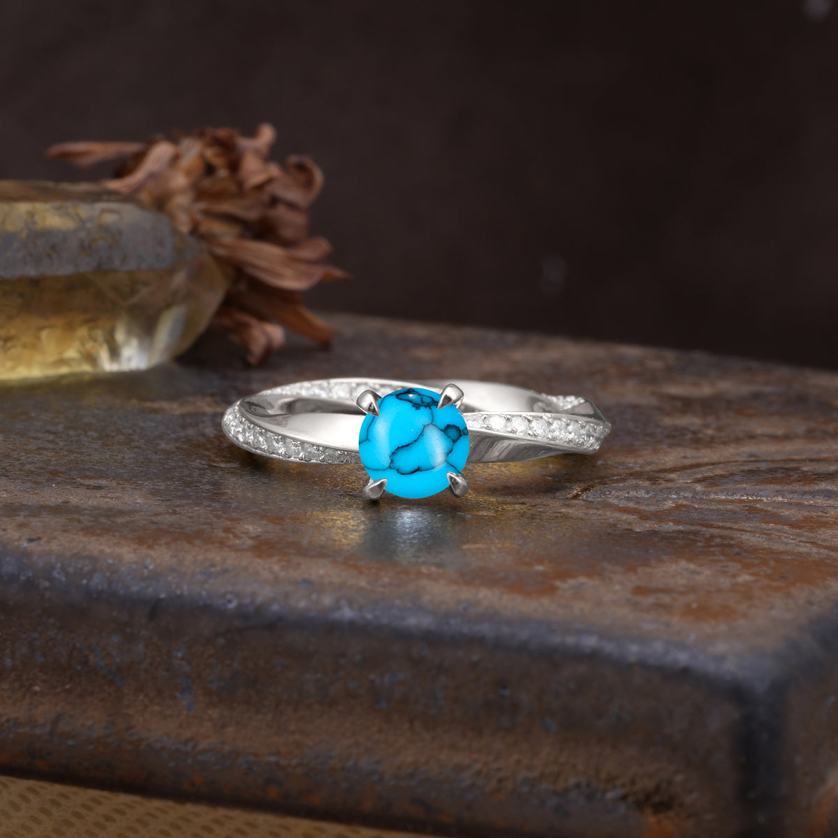 Unique Twisted Ring With 4 Prong Round Cut Turquoise Engagement Ring - Additional view