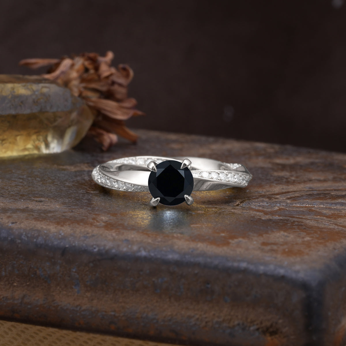 Unique Twisted Ring With 4 Prong Round Cut Black Onyx Engagement Ring - Additional view