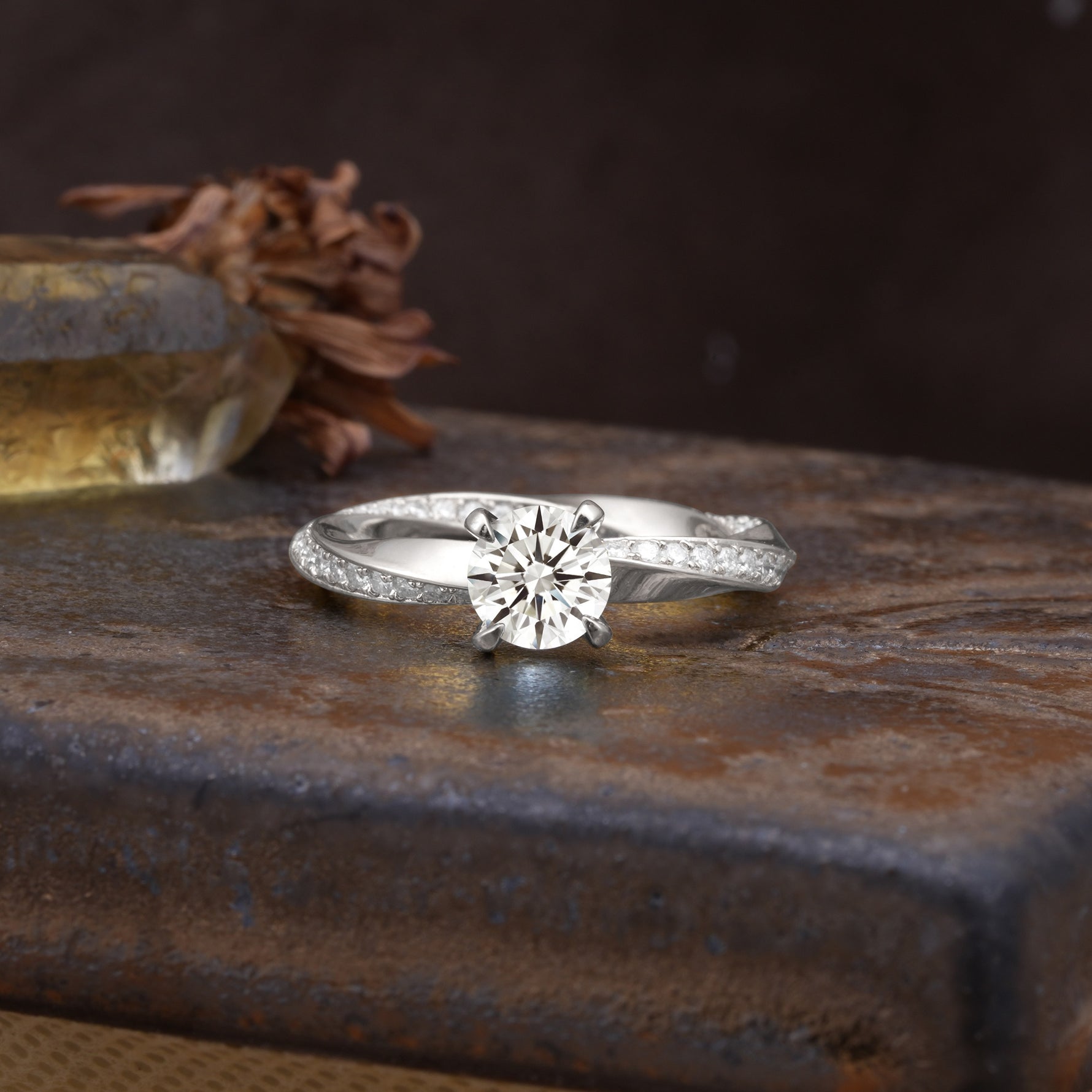 Unique Twisted Ring With 4 Prong Round Cut Lab Diamond Engagement Ring - Additional view