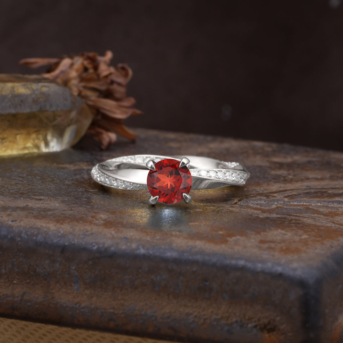Unique Twisted Ring With 4 Prong Round Cut Garnet Engagement Ring - Additional view